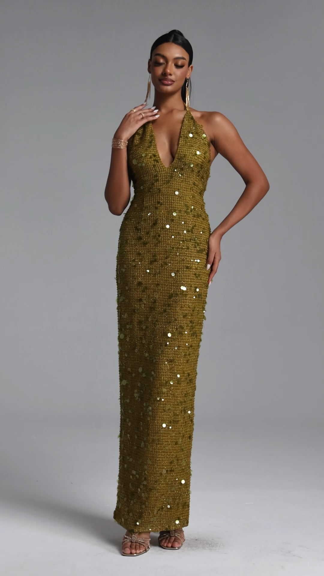 Mitzi Chic Contour V Neck Sequin Maxi Dress