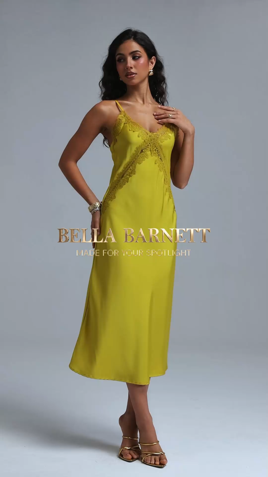 Ysabel Romantic Flowy V Neck Lace Trimmed Satin Midi Dress