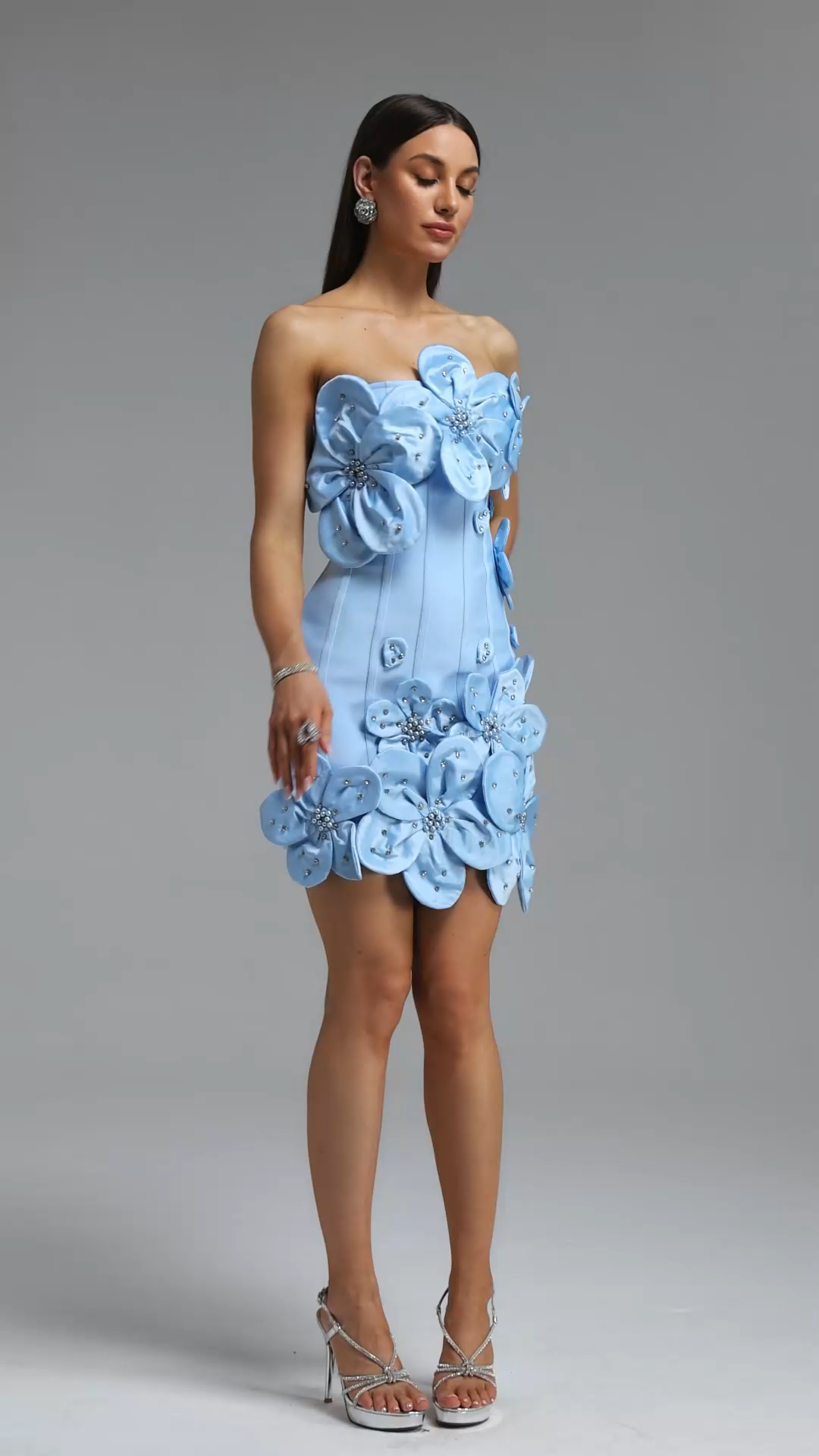 Janneth　Exquisite Fitted Strapless Rhinestone Floral Blue Mini Bandage Dress