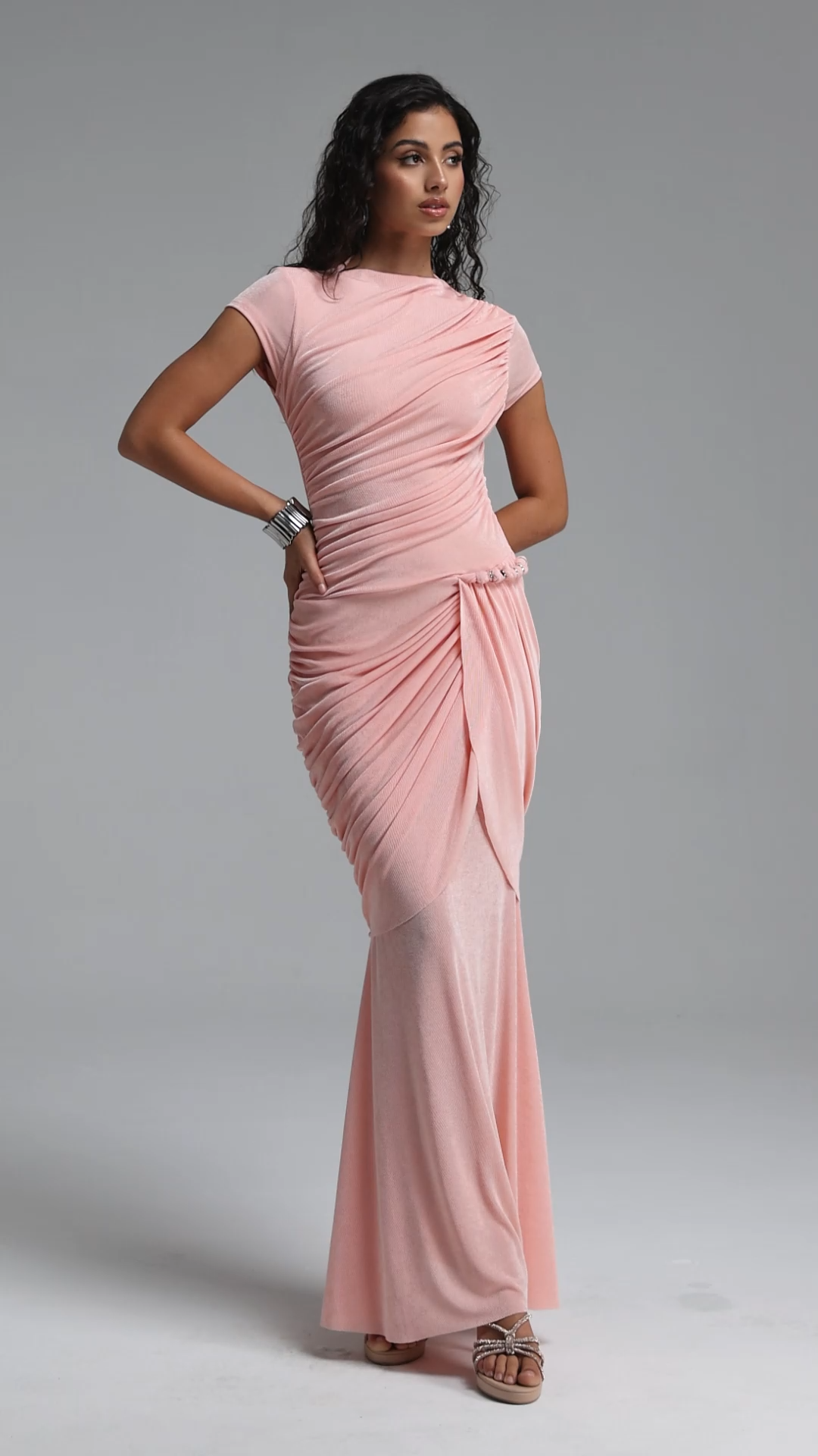 Fayie Elegant Short Sleeve Ruched Pink Maxi Dress