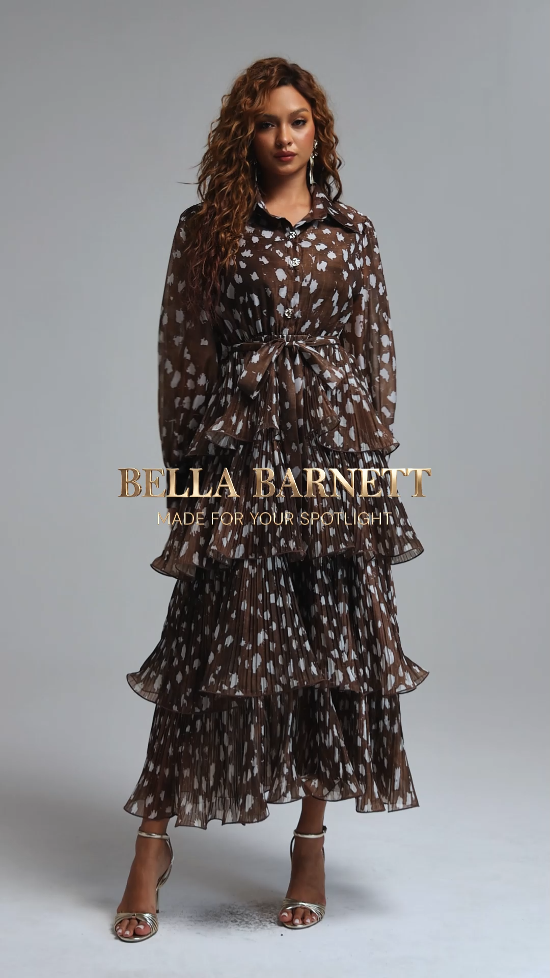 Olivia Elegant Flowy Collared Long Sleeve Printed Ruffle Chiffon Maxi Dress