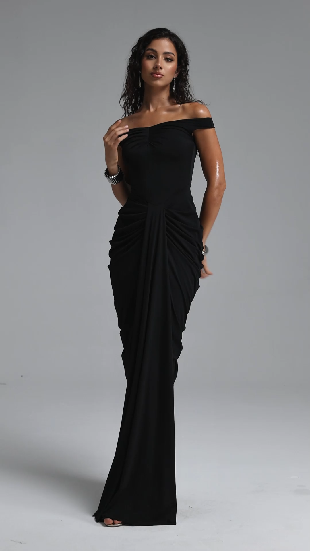 Gema Elegant Black Off Shoulder Ruched Maxi Dress