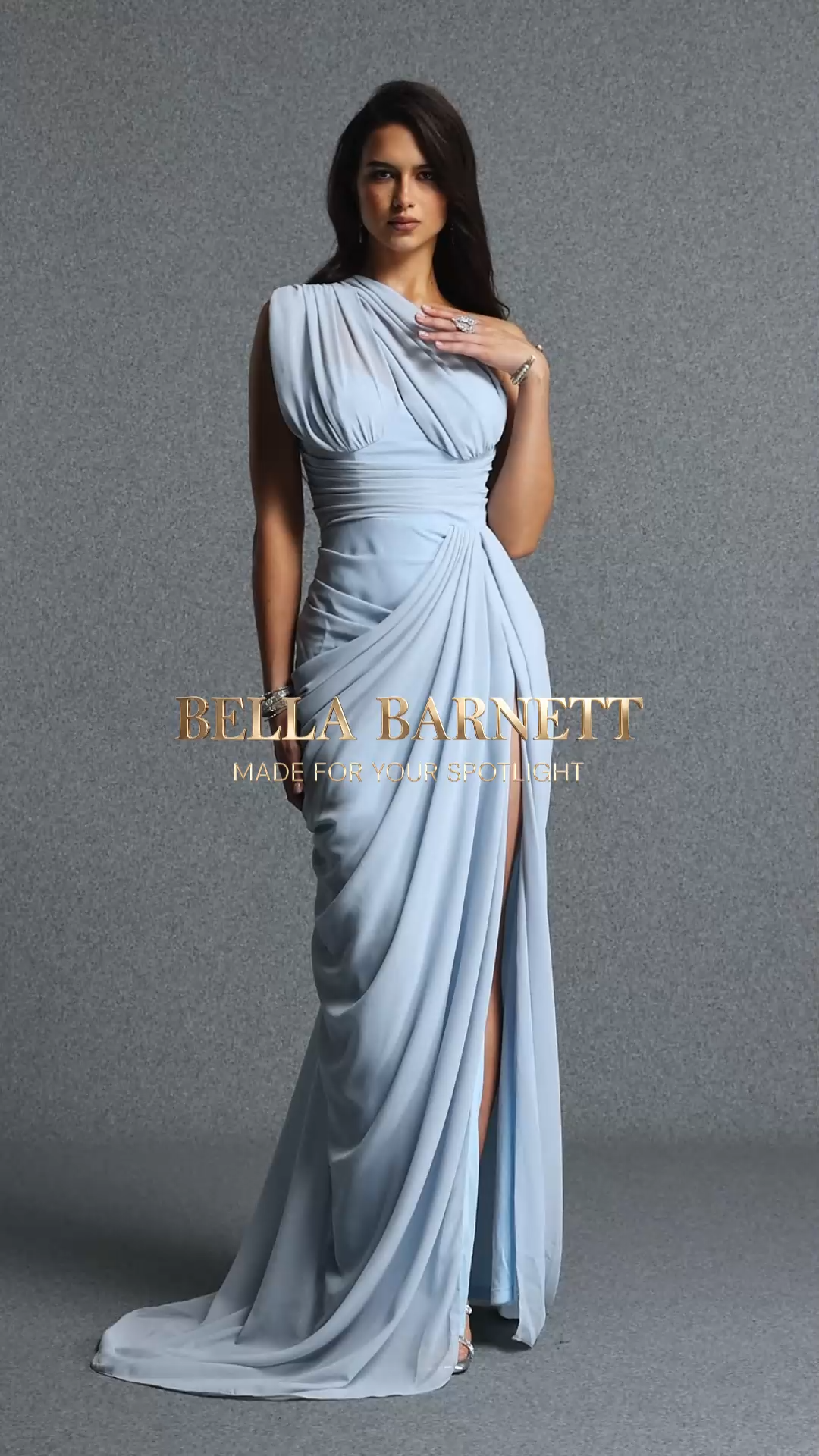 Sami Elegant Waist Cinched One Shoulder Ruched Slit Train Chiffon Blue Maxi Dress
