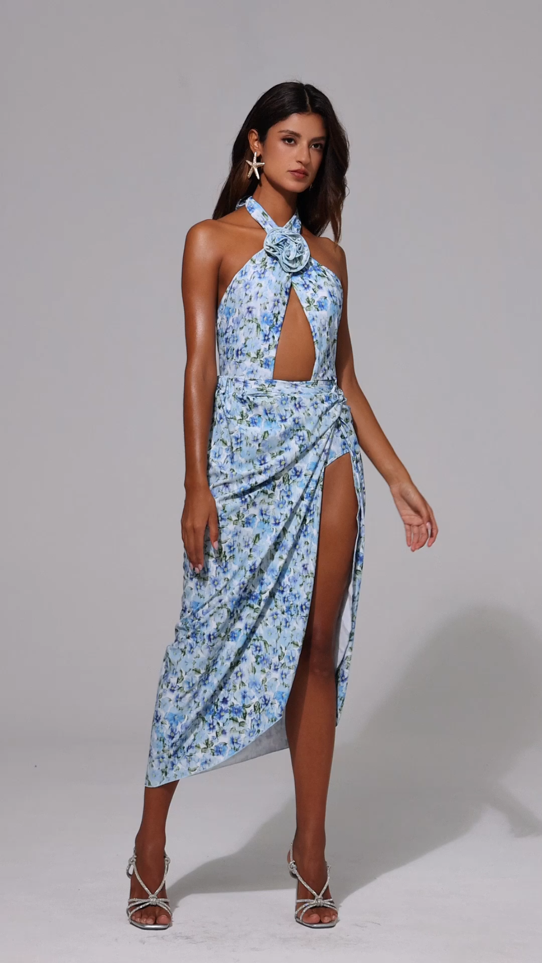 Tulip Floral Printed High Slit Swimwear And Skirt Two-Piece Set