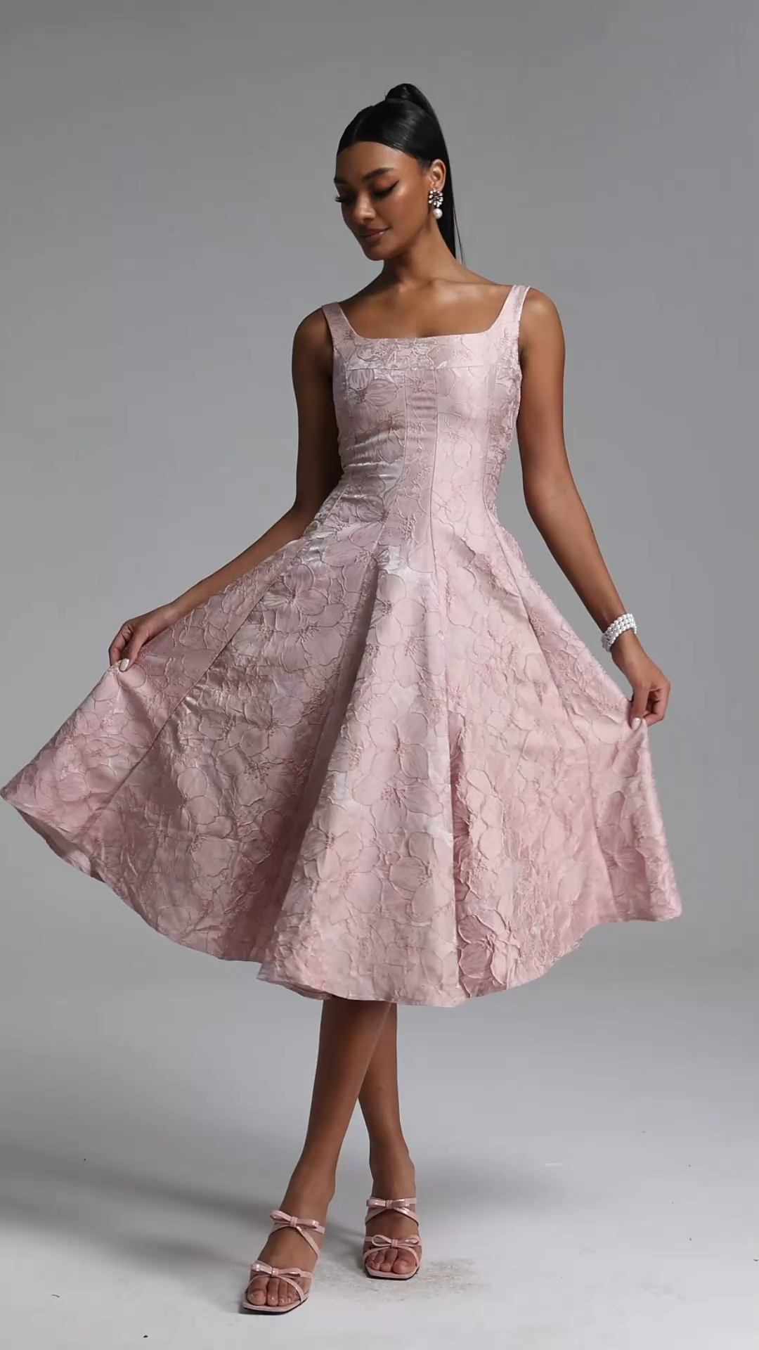 Emier Elegant Sophisticated Wide Strap Square Neck Floral Jacquard Flared Midi Dress