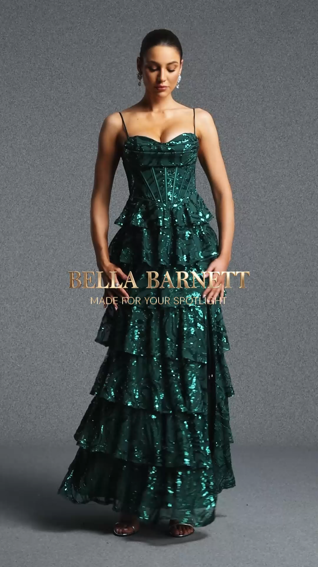 Zohara Elegant Spaghetti Strap Tiered Ruffle Slit Sequin Green Maxi Dress