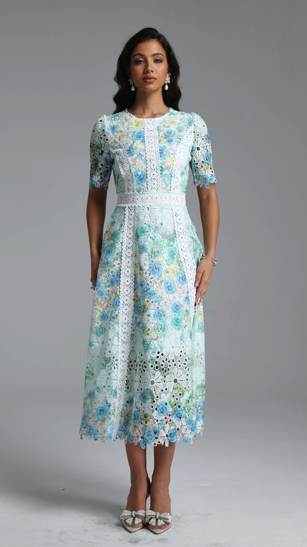 Pillose Resort Cinched Round Neck Short Sleeve Floral Print Lace Green Maxi Dress