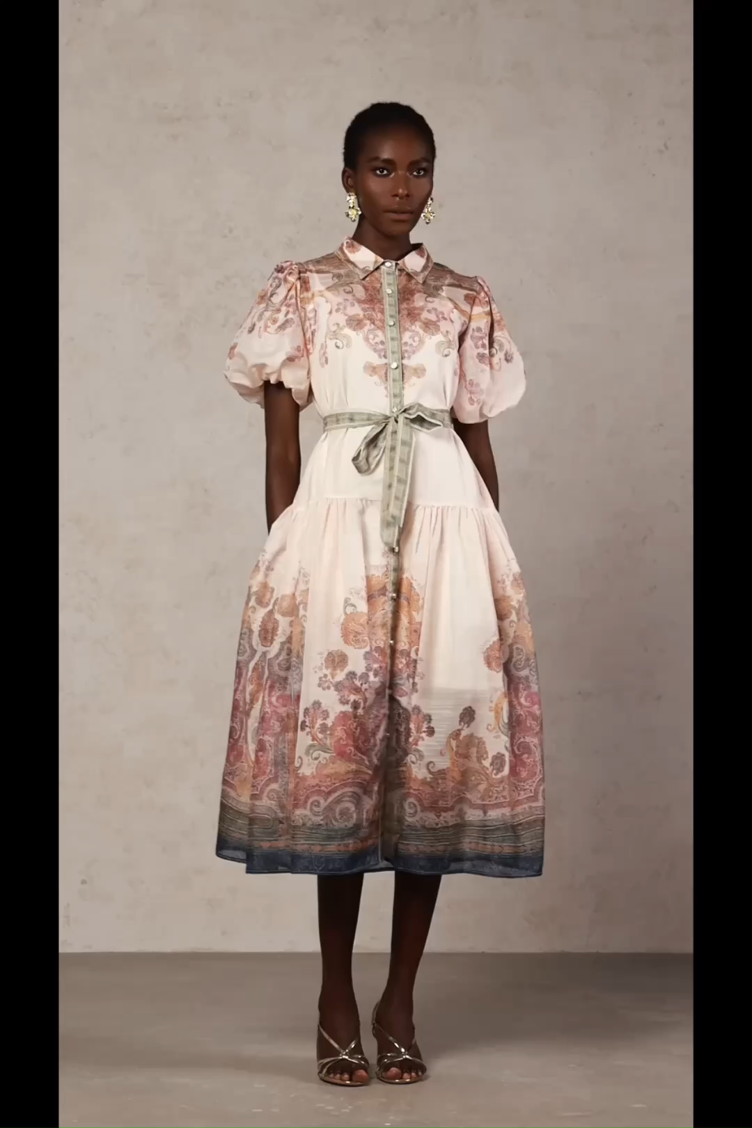 Tusare Lapel Floral Printed Midi Dress