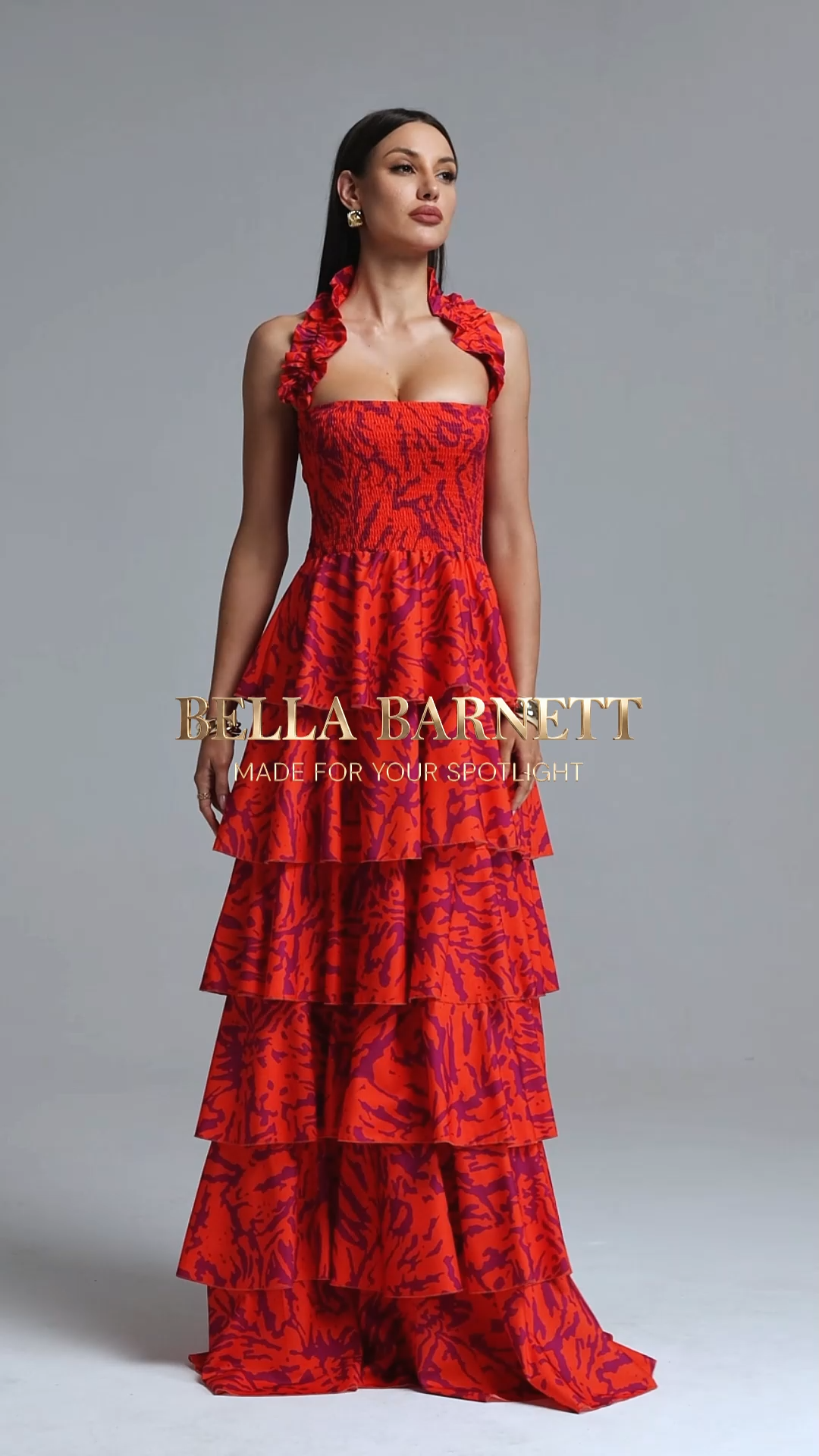 Oga Elegant Cinched Waist Halter Layered Printed Woven Maxi Dress