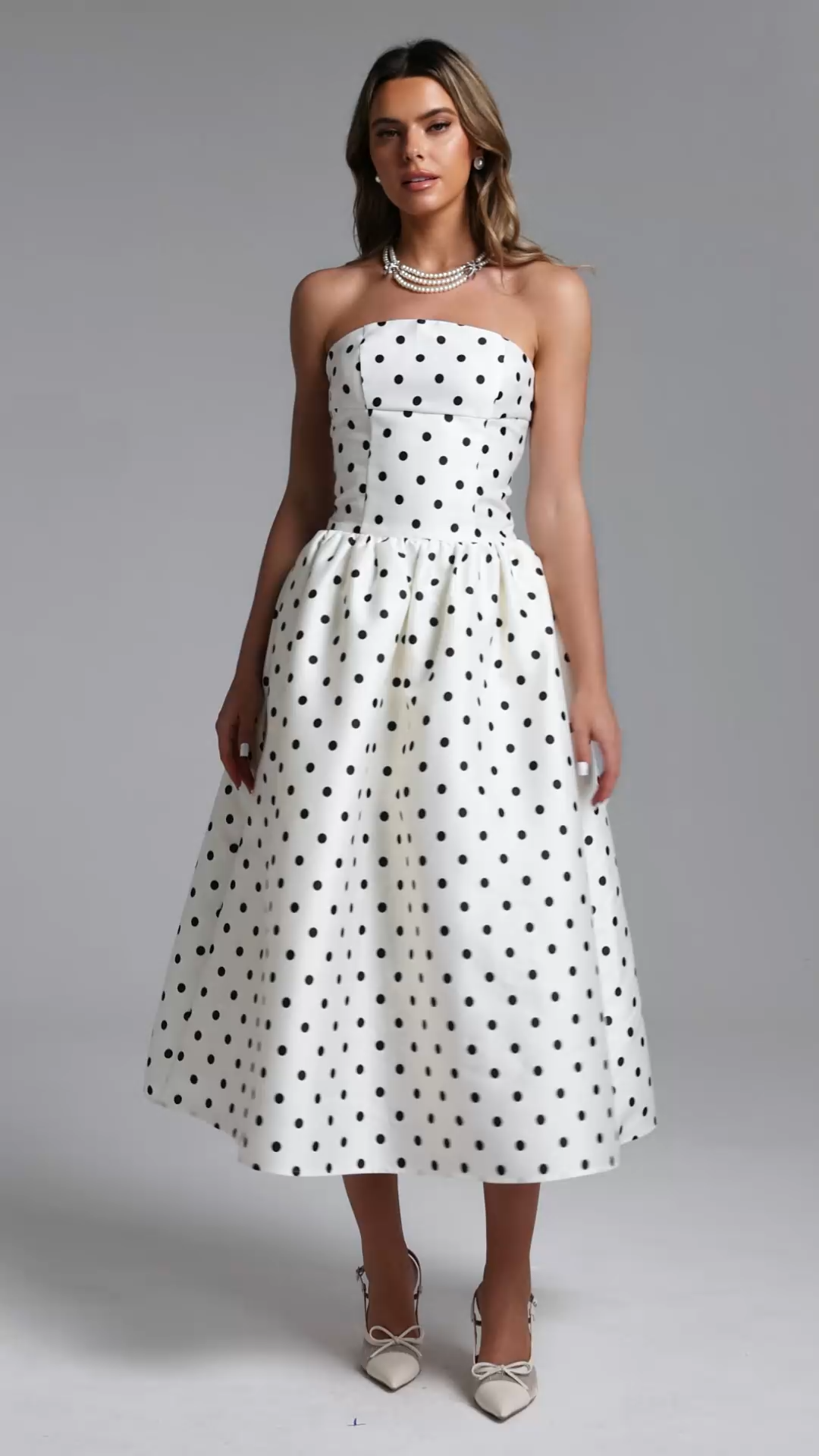 Gregorio Elegant Tailored Strapless Polka Dot Maxi Dress