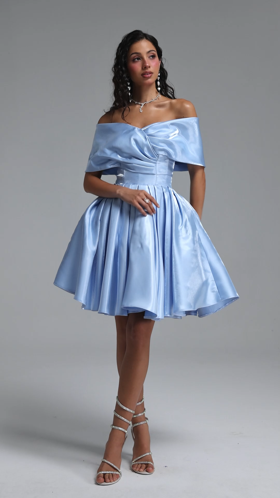 Dorothy Elegant Cinched-Waist Off Shoulder Ruched Voluminous Glossy Satin Mini Dress
