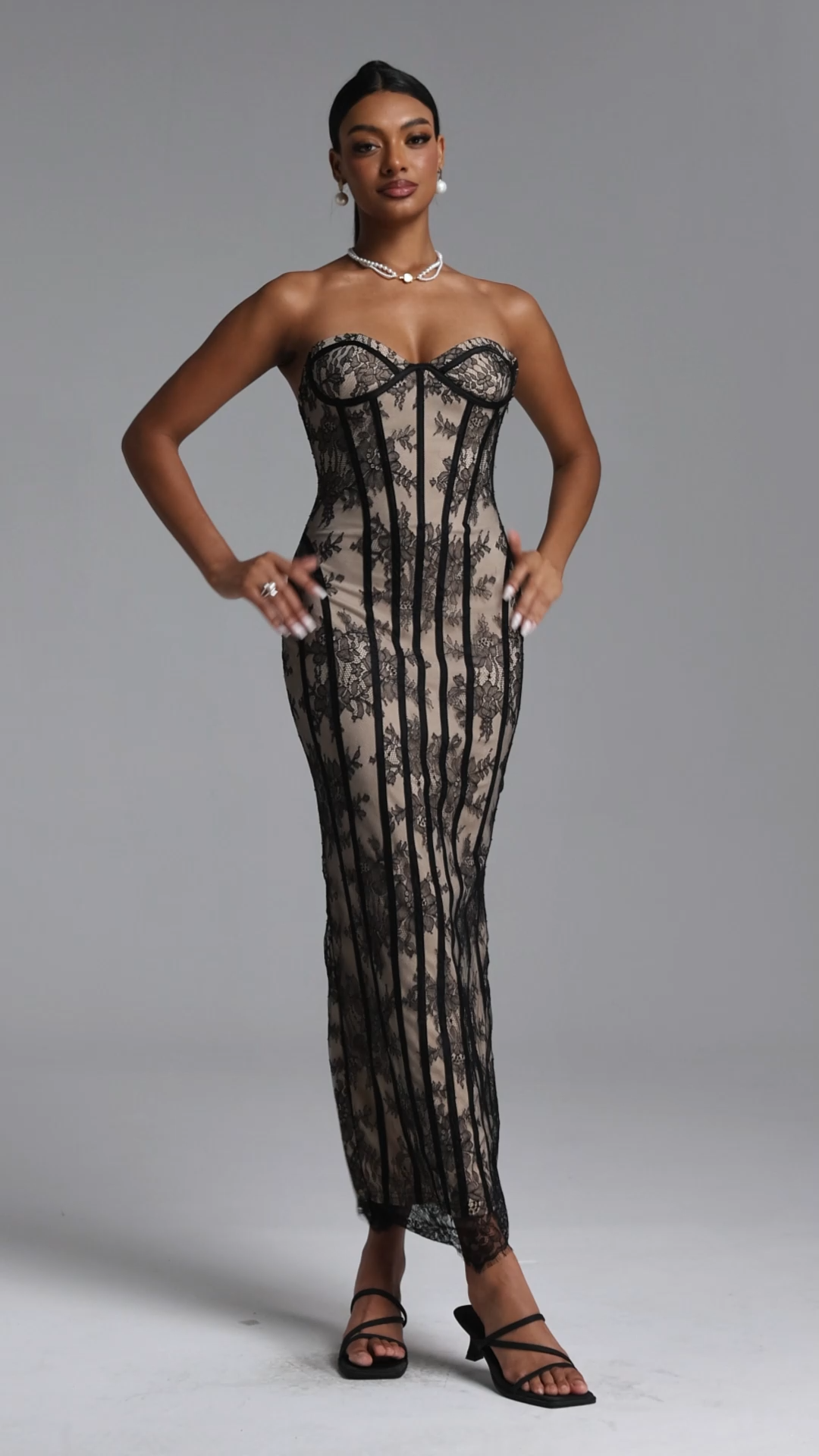Quanha Romantic Tailored Strapless Lace Maxi Dress