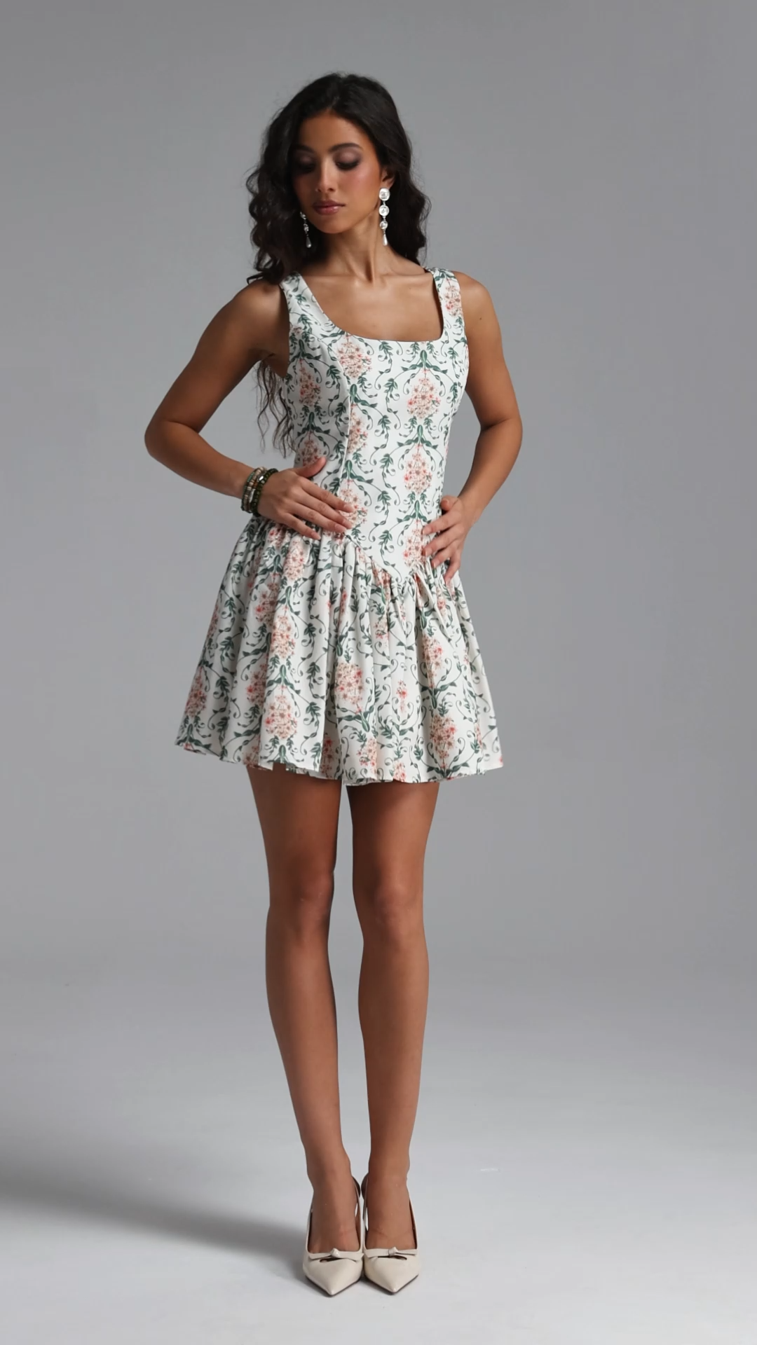 Daona Resort Cinched Sleeveless Floral Print Woven Mini Dress