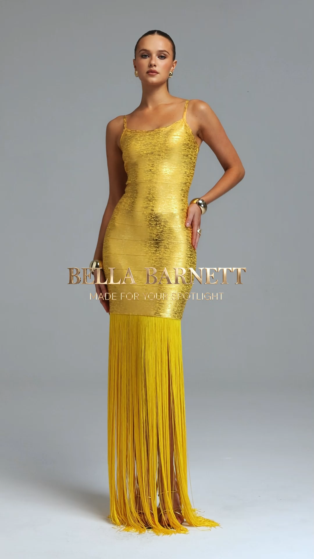 Labola Chic Contour Fringe Gold Bandage Maxi Dress