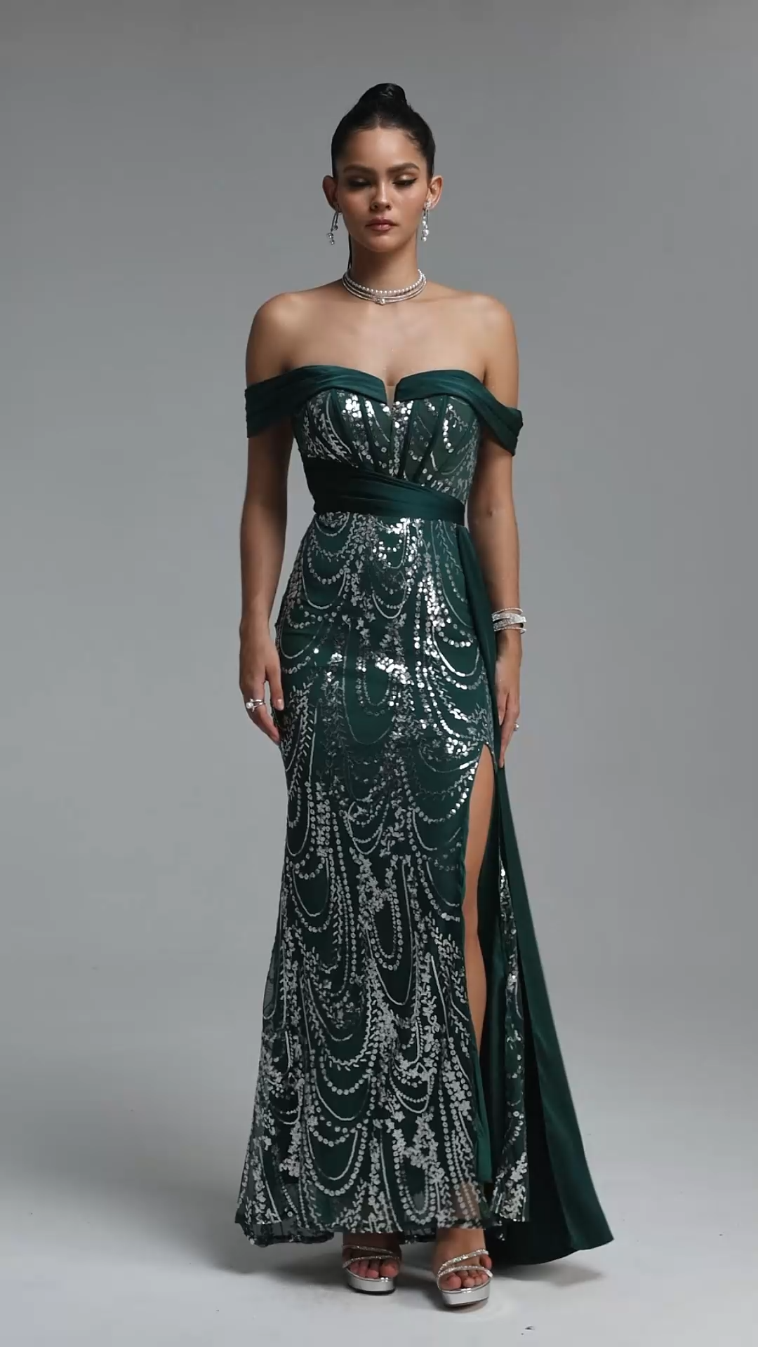 Rosie Elegant Off Shoulder Sequin Sash Maxi Dress