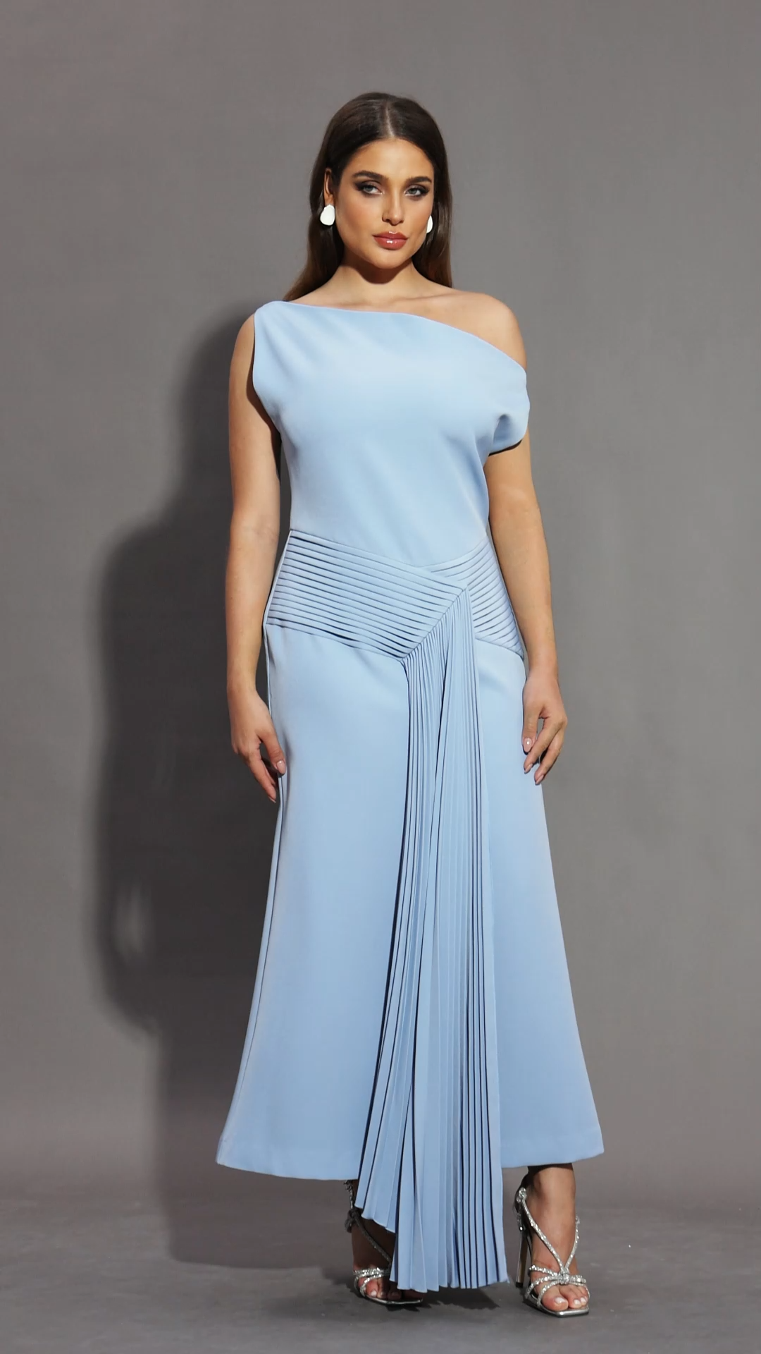 Paulina Oblique Shoulder Sleeveless Folds Blue Midi Dress