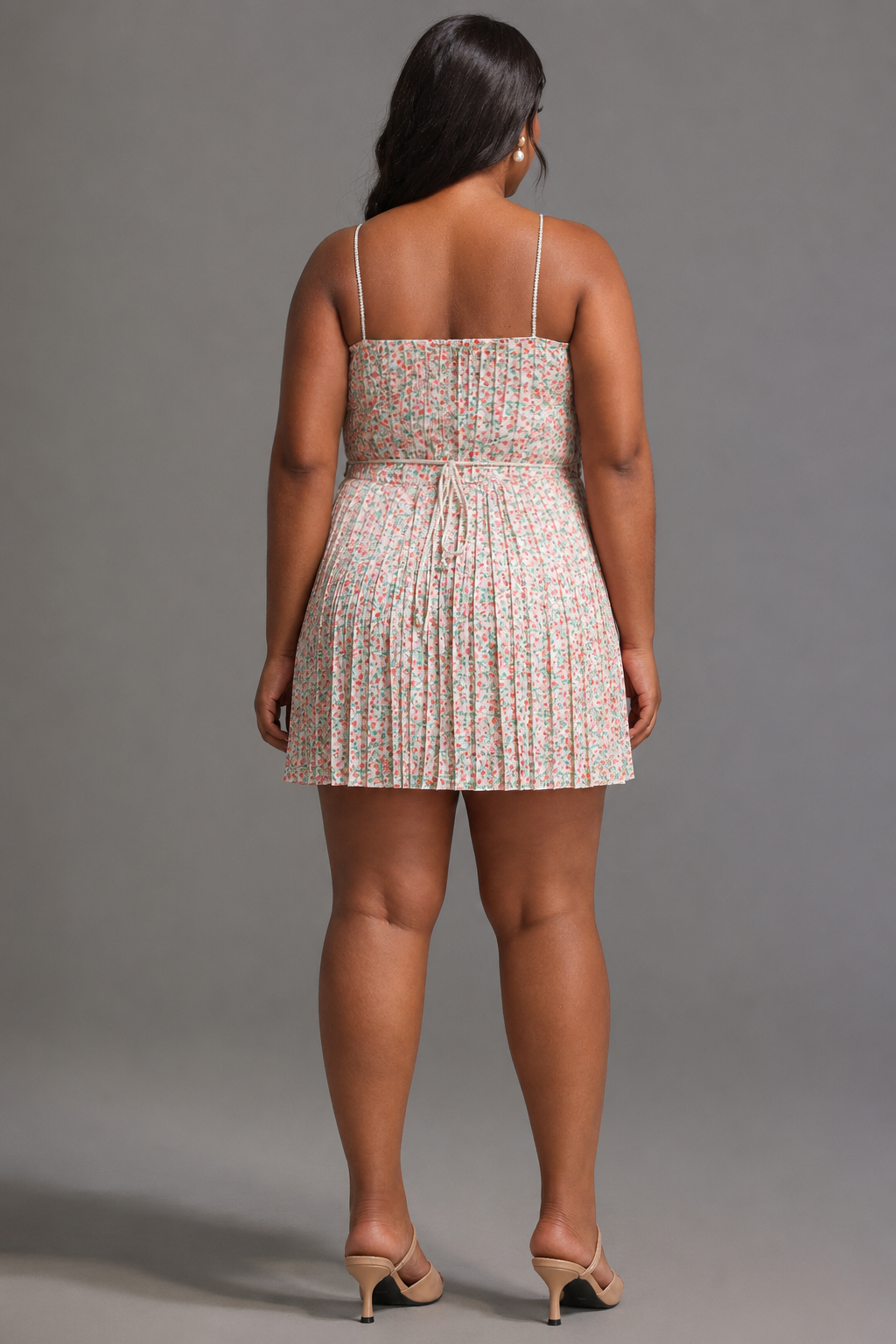 Modan Romantic Cinched Sleeveless Floral Print Pleated Woven Mini Dress