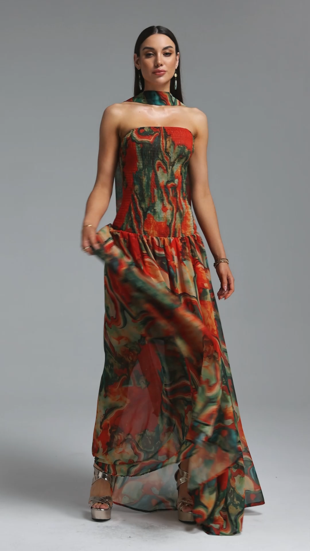 Roxany Vintage Contour Halter Strapless Scarf Fluid Oil Paint Maxi Dress