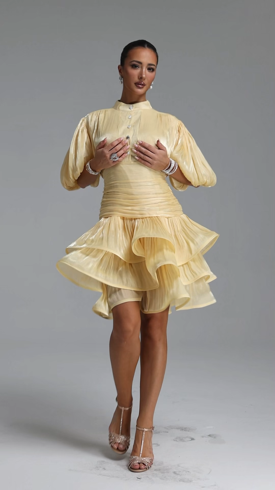 Fagra Resort Flowy Puff Sleeve Ruffle Shimmer Satin Mini Dress