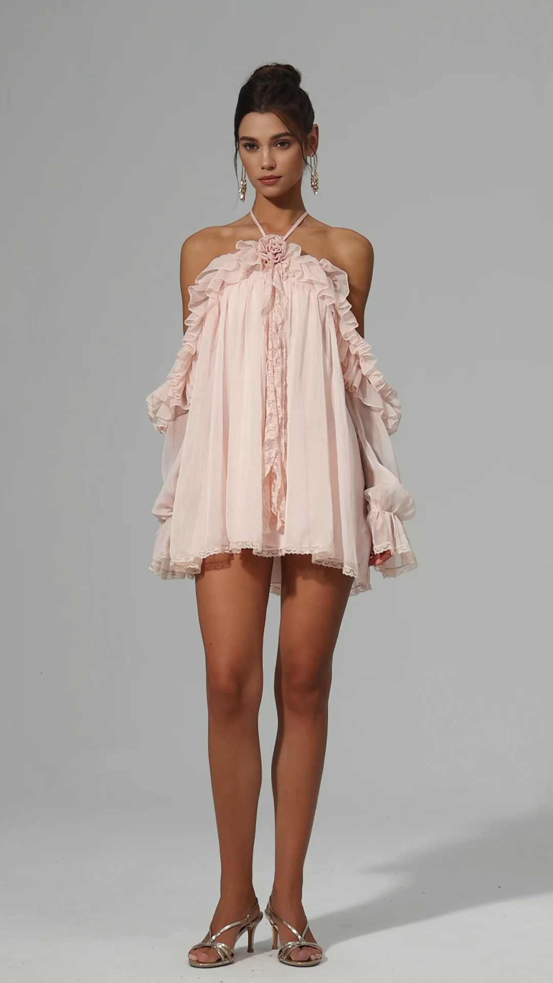 Estella Long Sleeves Flowers Folds Mini Dress