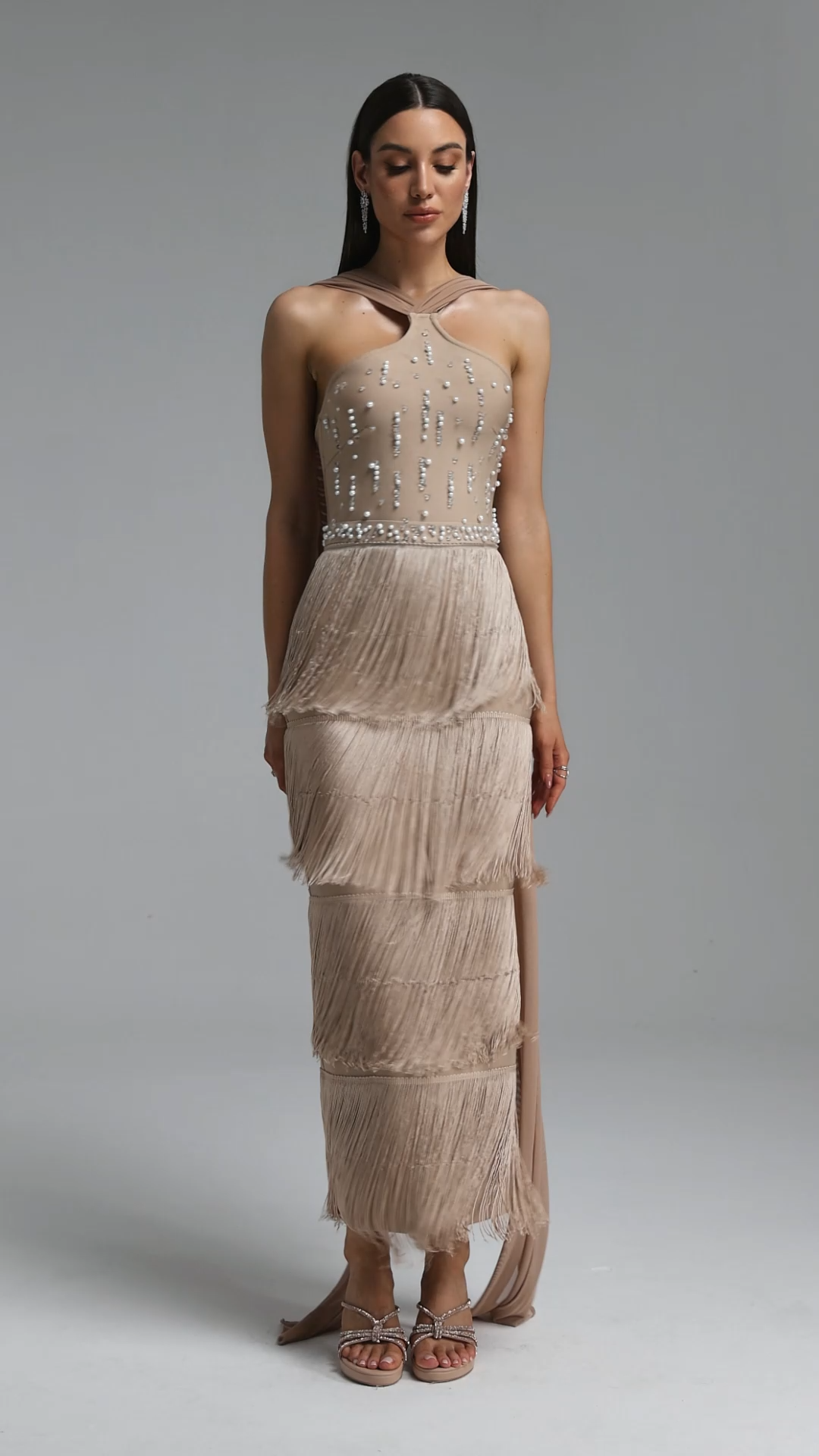 Wanie Luxury Halter Twist Pearl Tassel Bandage Maxi Dress