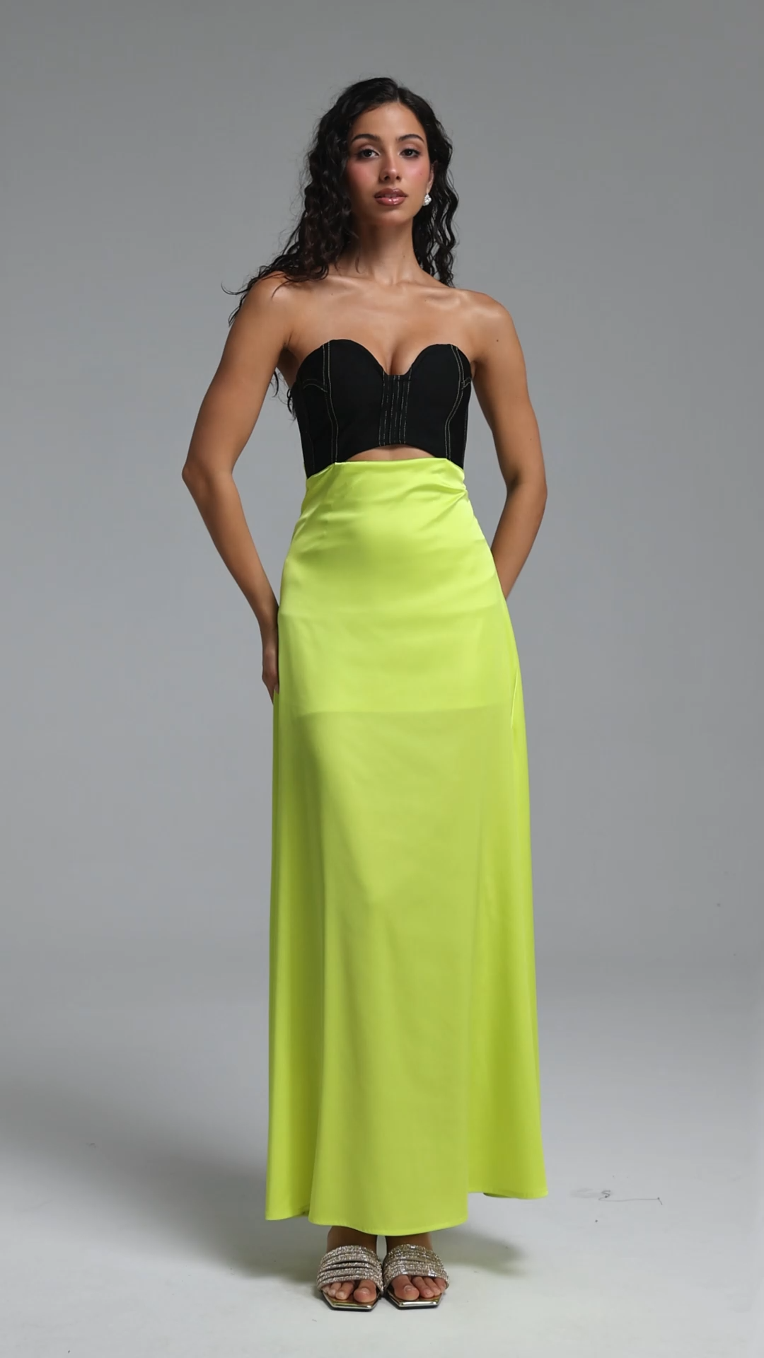 Perrine Chic Slim Strapless Boned Hollow Out Color Block Maxi Dress