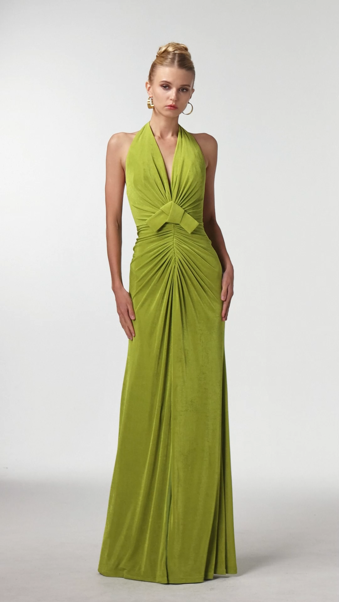 Jalila Sexy Contour V Neck Ruched Knot Slit Knit Maxi Dress