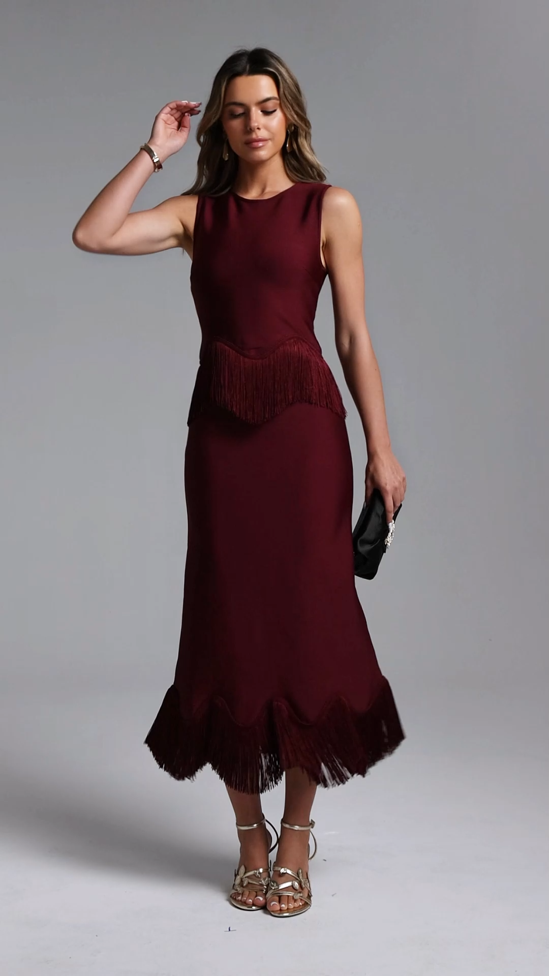 Wenesa Classic Tailored Sleeveless Fringe Bandage Maxi Dress