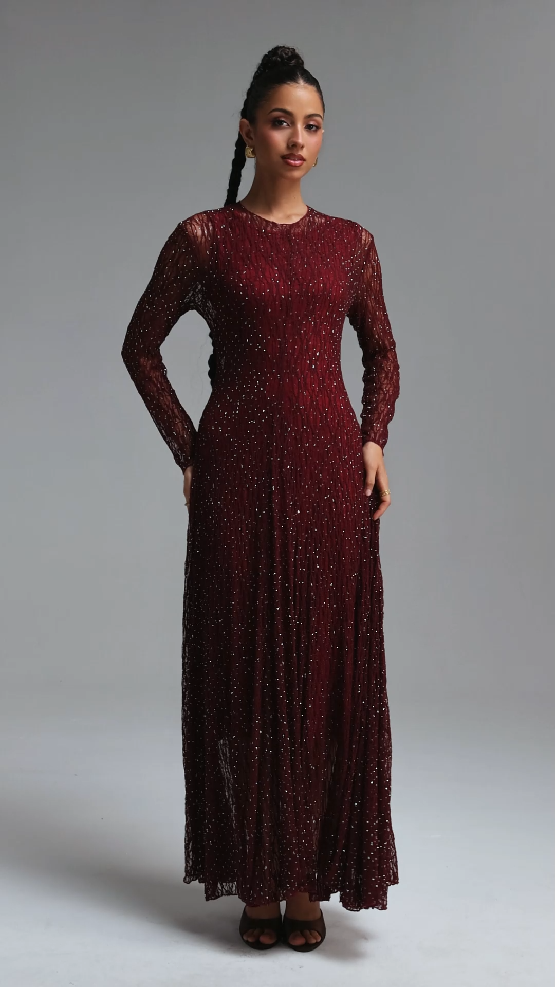 Taylor Elegant Contour Long Sleeve Diamond Draped Lace Red Maxi Dress