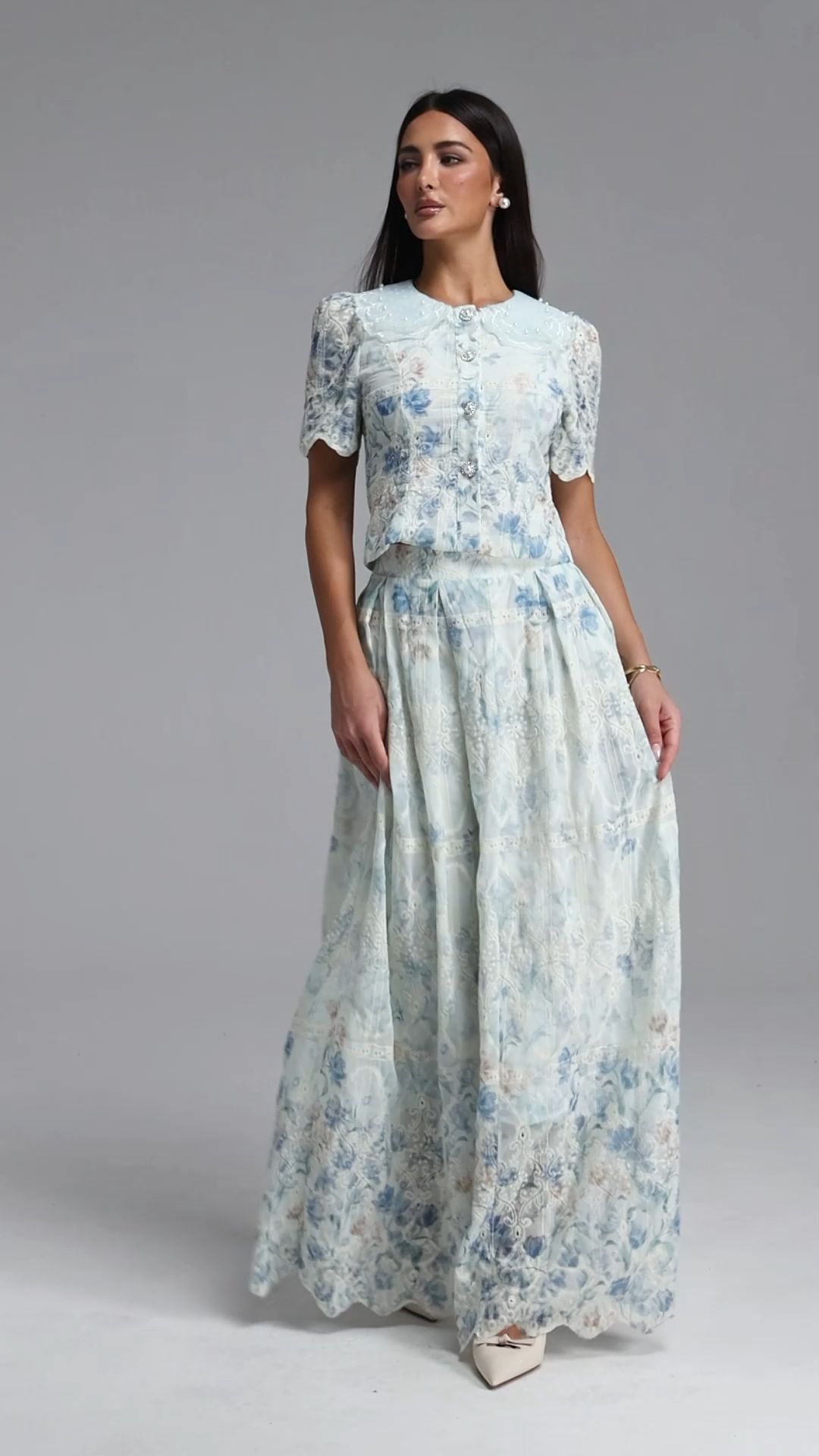 Ignacia Romantic Flowy Short Sleeve Floral Print Embroidered Woven Blue Top and Skirt Two Piece Set