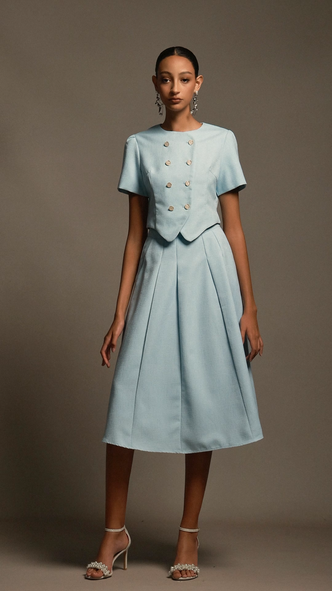 Katrina Round Neck Puff Sleeves Top And Skirt Two-Piece Set