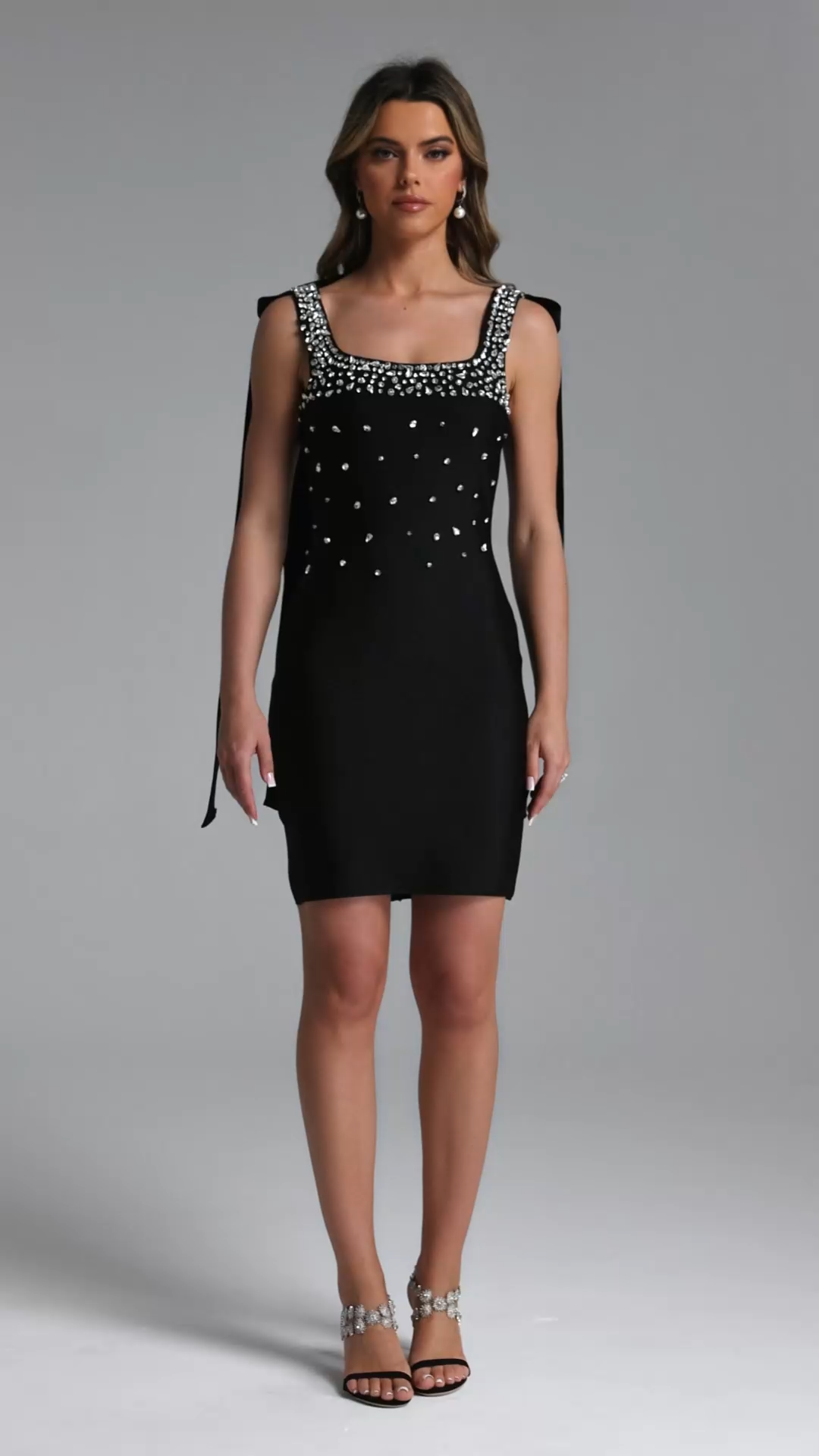 Eren Classic Contour Square Neck Bow Rhinestone Bandage Mini Dress