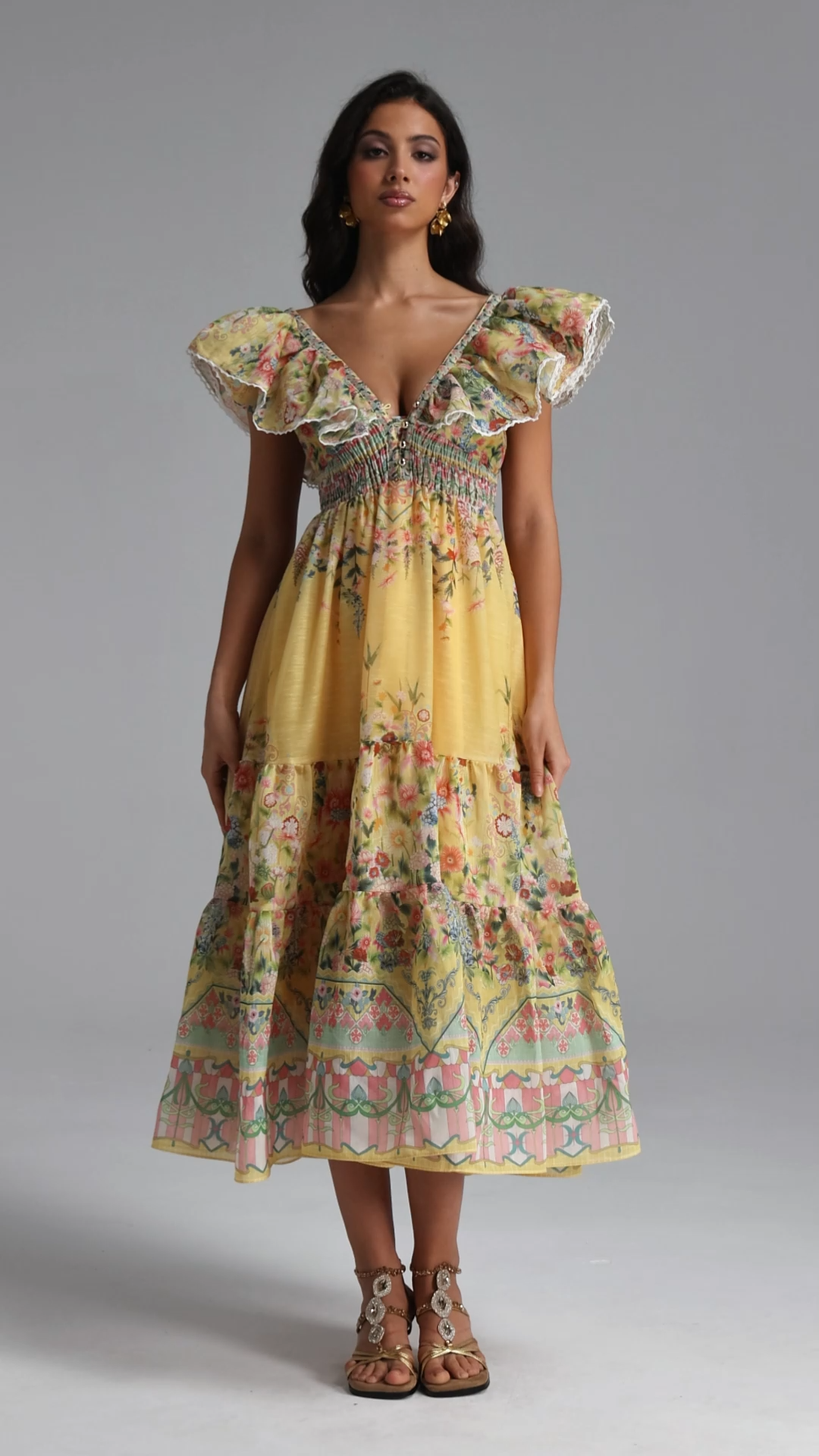 Thyra Resort Flowy Sleeveless Ruffle Floral Print Woven Maxi Dress