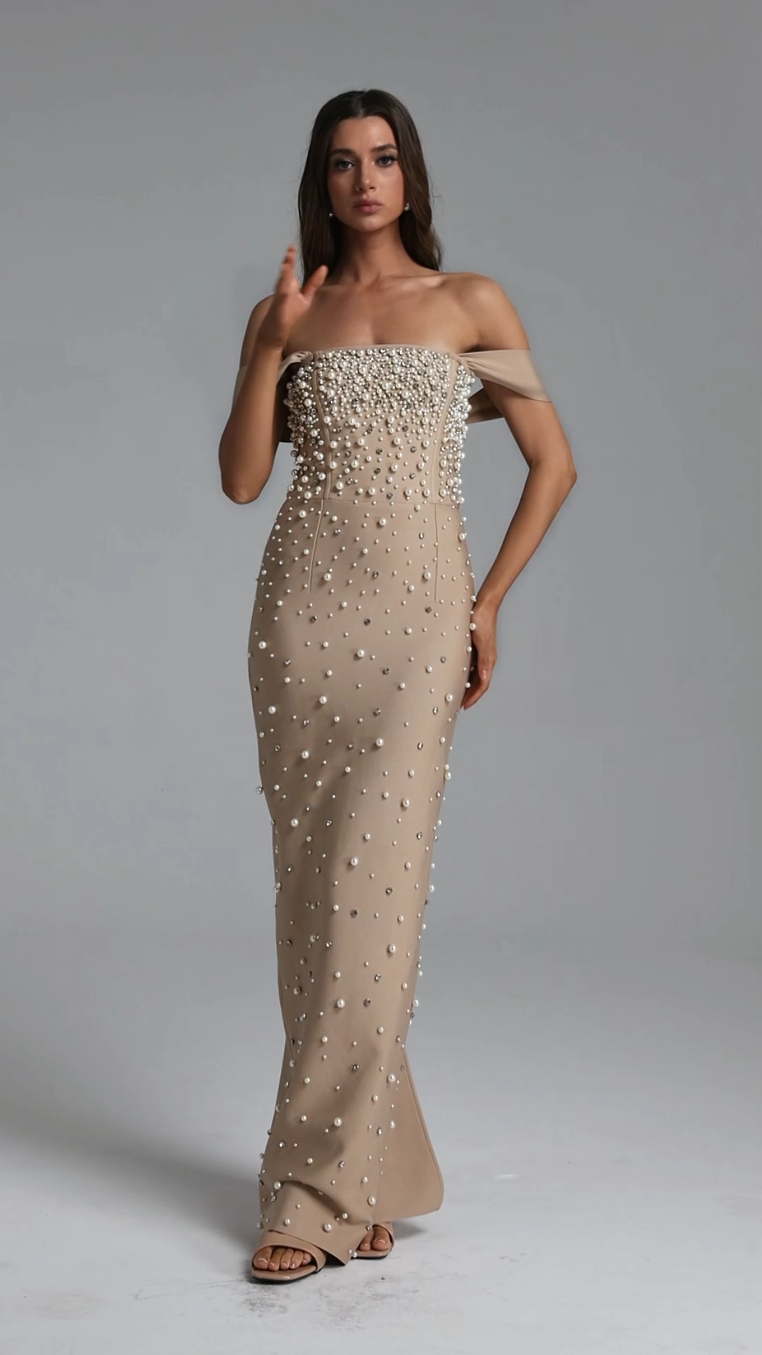 Jaylee Glamorous Off Shoulder Pearl Rhinestone Bandage Maxi Dress