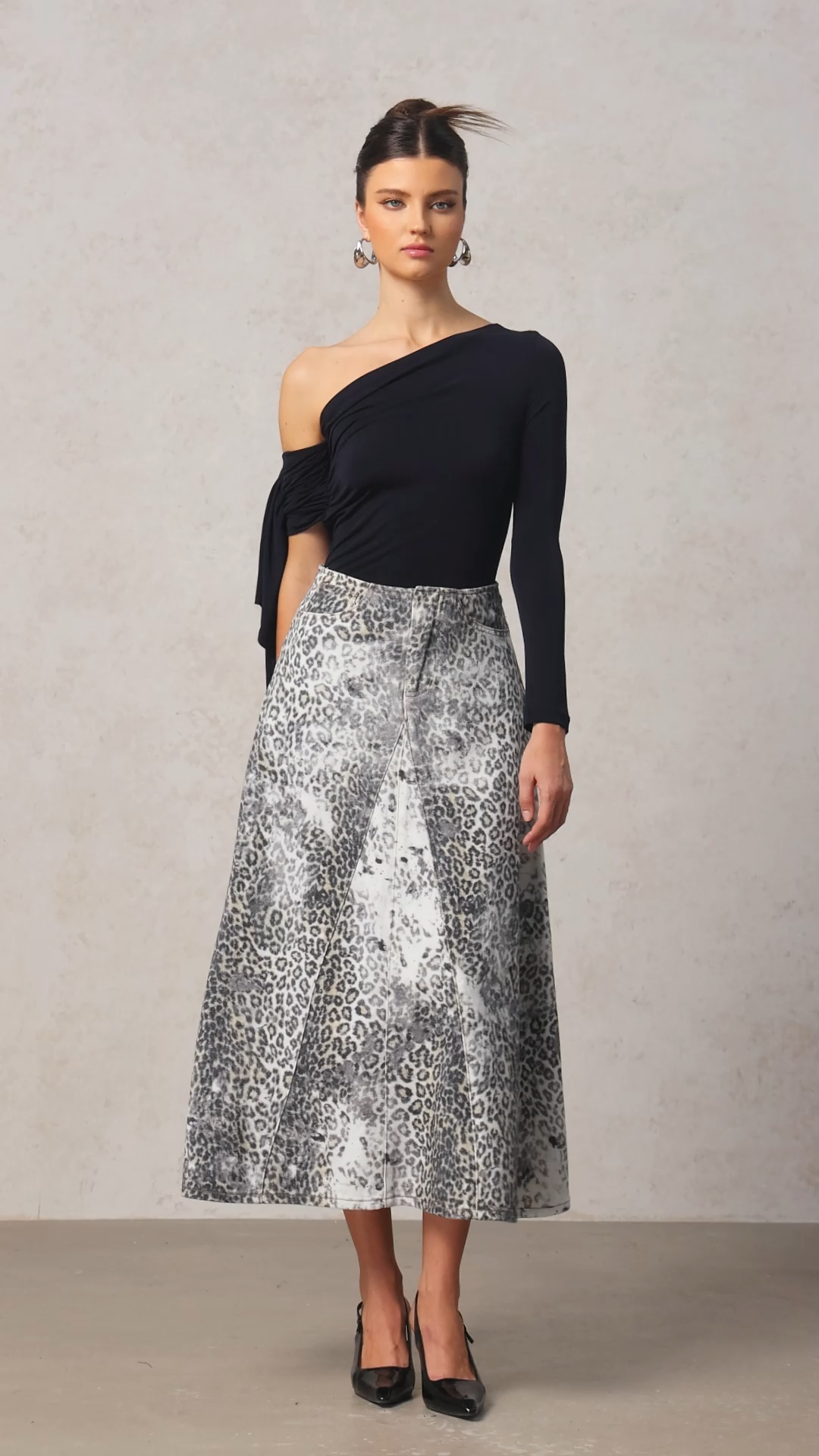 Marina One Shoulder Streamer Leopard Print Denim Top And Skirt Two-Piece Set