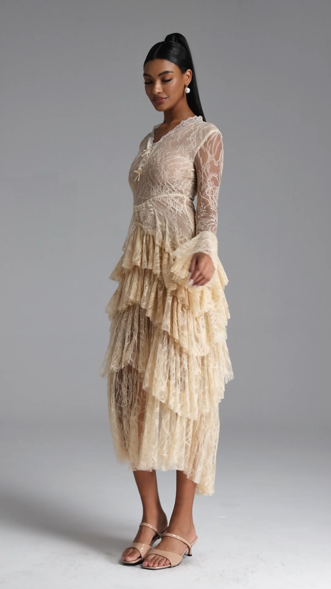 Kianala Romantic Flowy V Neck Long Sleeve Ruffle Lace Maxi Dress