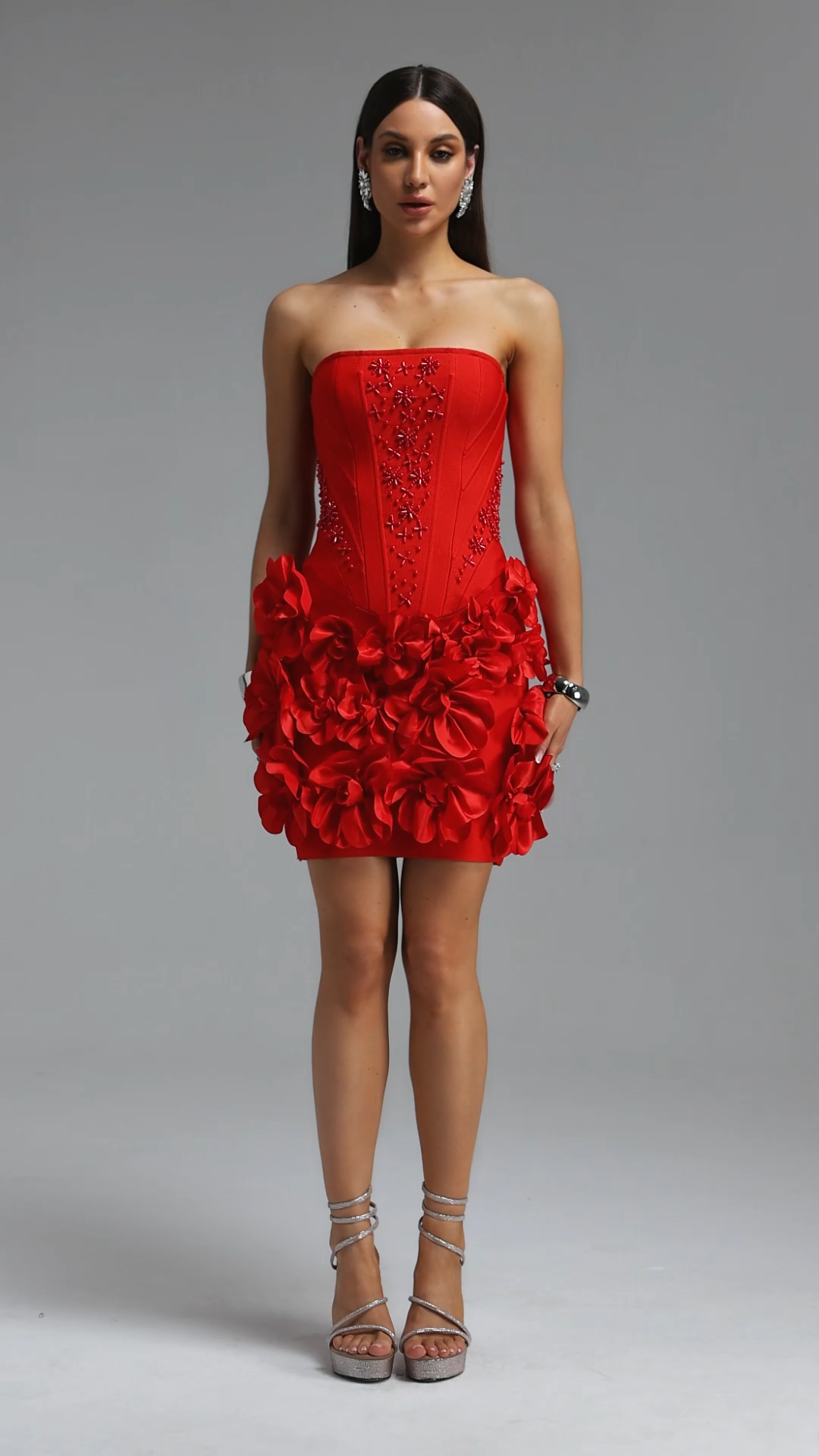 Elegant Waist-Cinched Strapless Pearl Floral Red Mini Bandage Dress