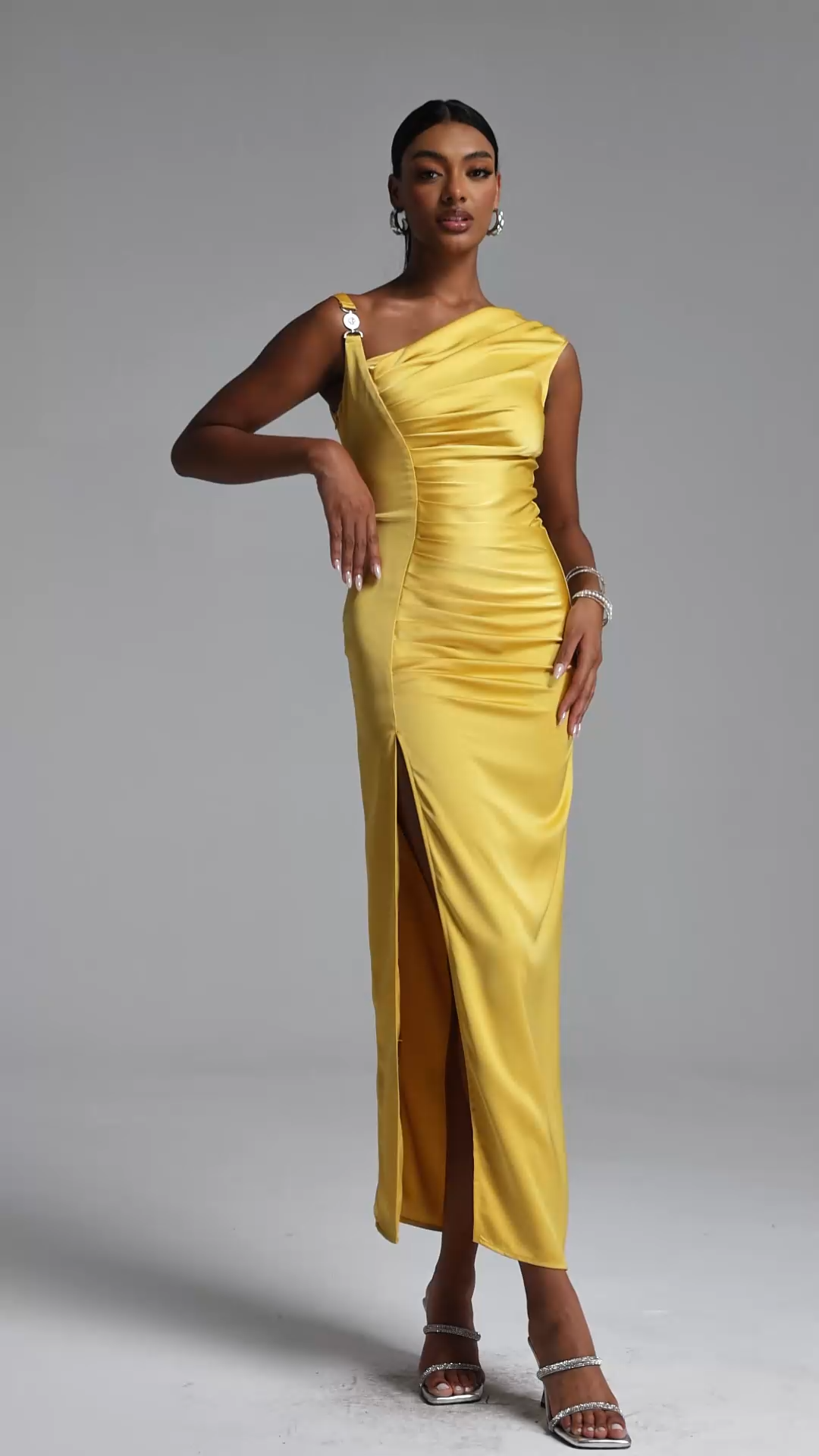 Marcella Chic Contour Asymmetrical Pleated Satin Maxi Dress