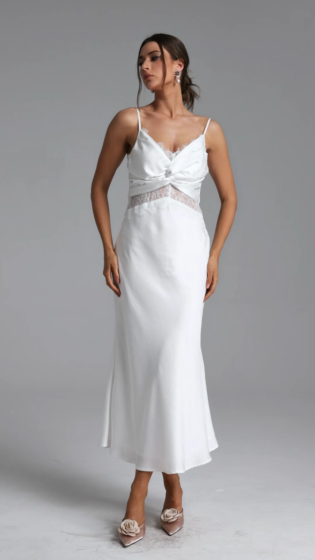 Locava Elegant Contour Deep V Cut Out Lace Satin Maxi Dress