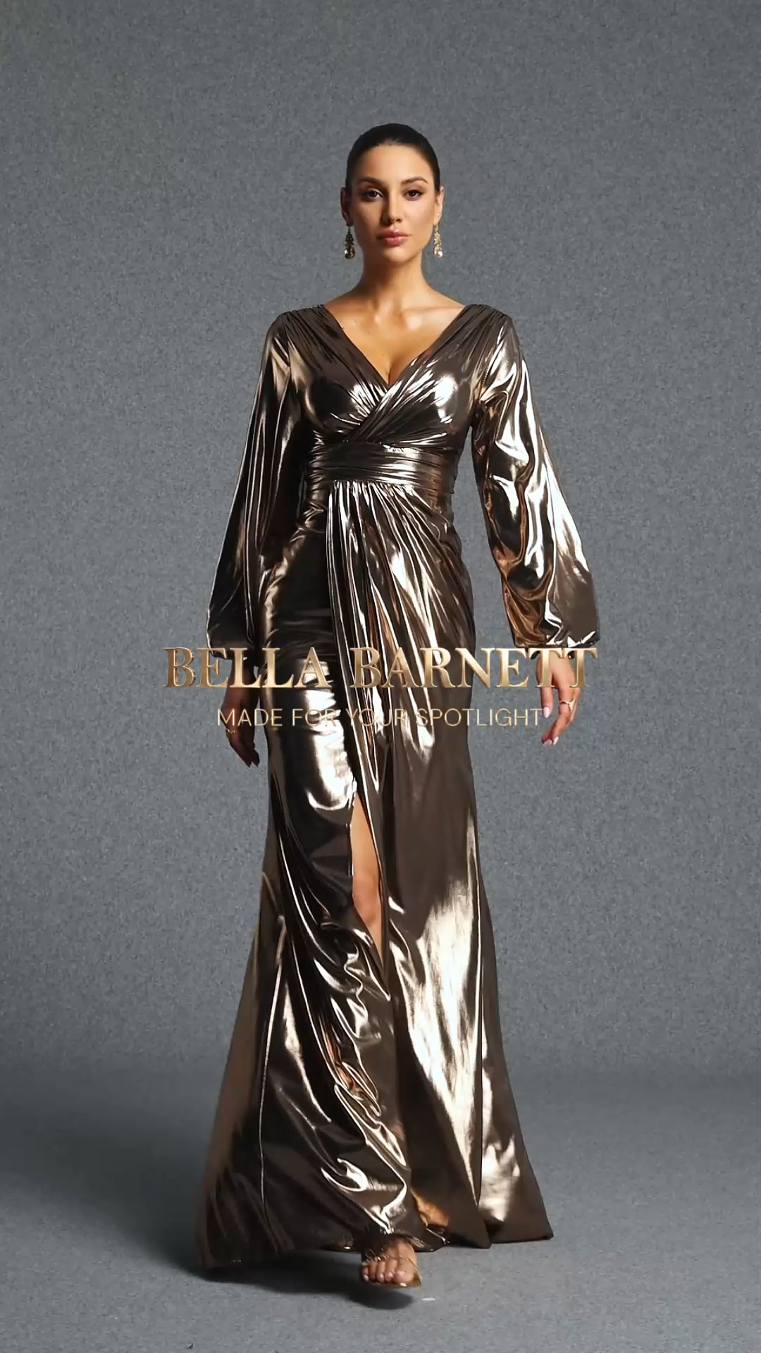 Gayu Elegant Contour V Neck Long Sleeve Ruched Slit Maxi Dress