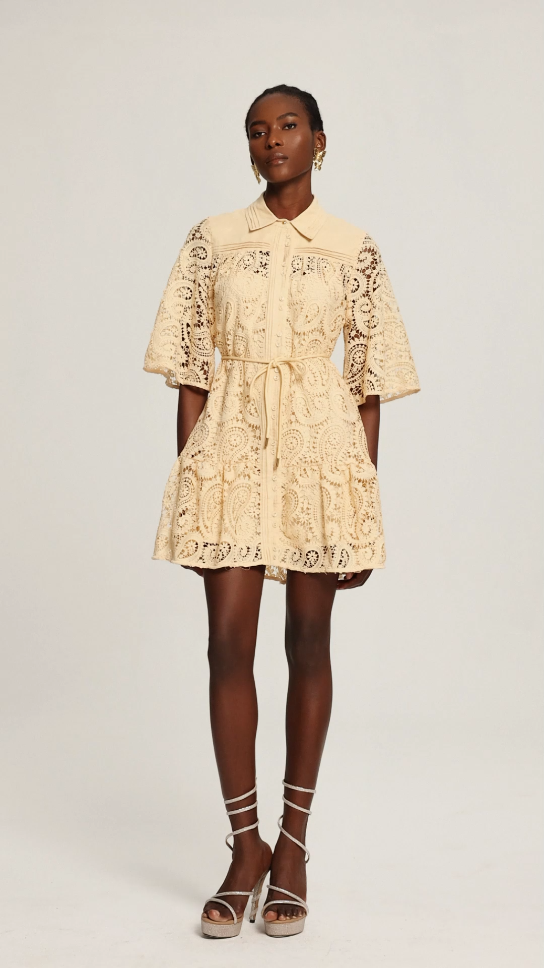 Kerla Short Sleeves Hollow Out Lace Shirt Mini Dress