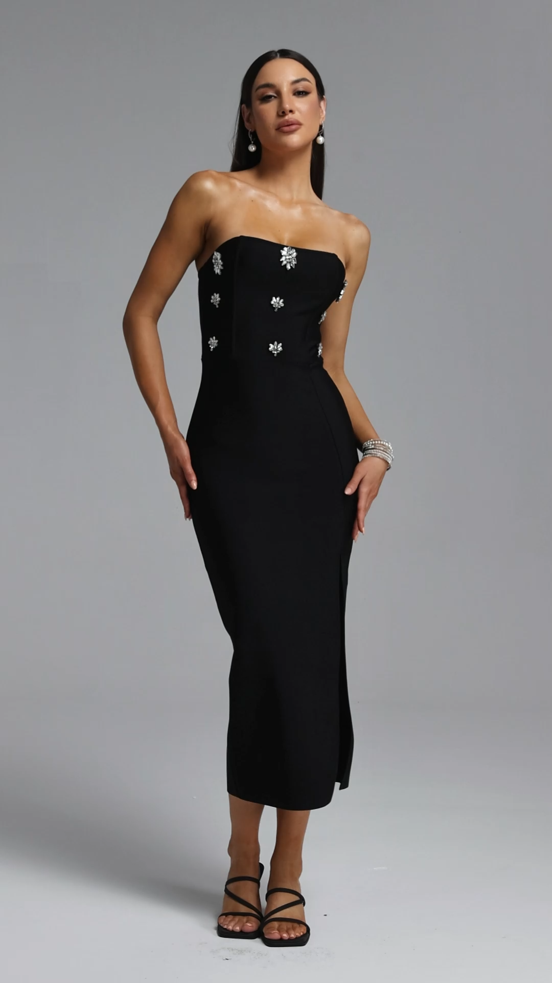 Kasai Chic Contour Strapless Rhinestone Bandage Maxi Dress