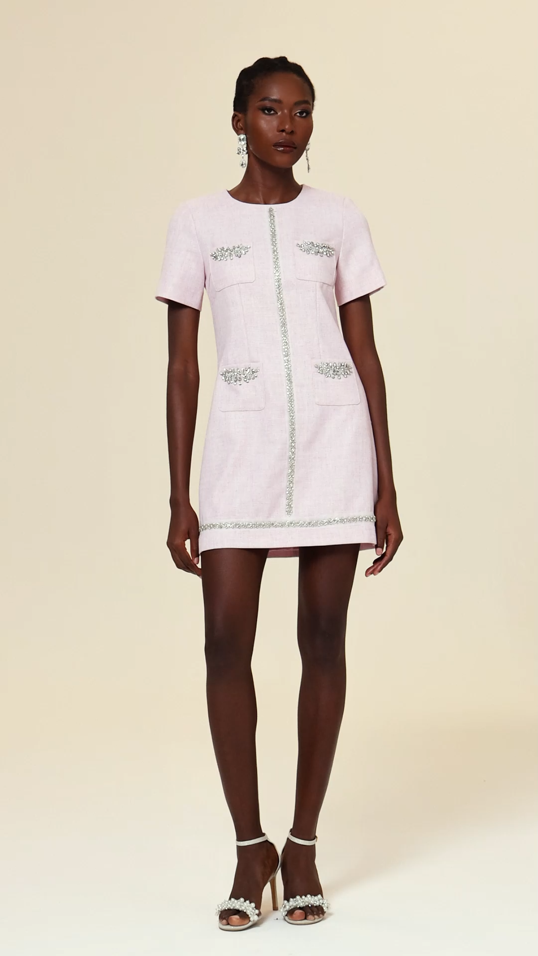 Horga Round Neck Short Sleeves Diamond Mini Dress