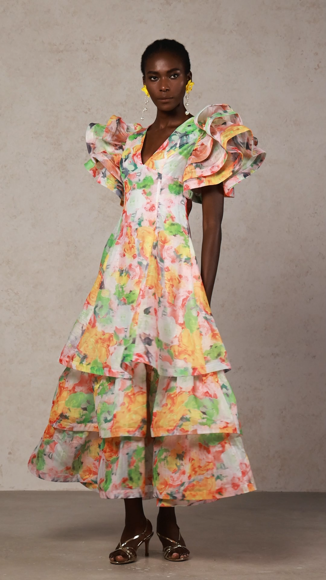 Winola Printed V-Neck Folds Layered Maxi Dress