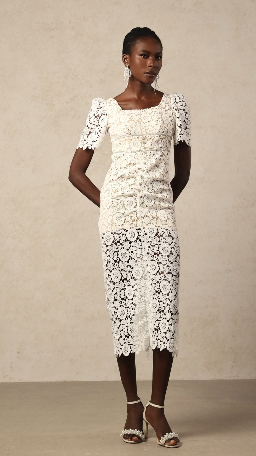 Savia Short Sleeves Diamond Lace Midi Dress