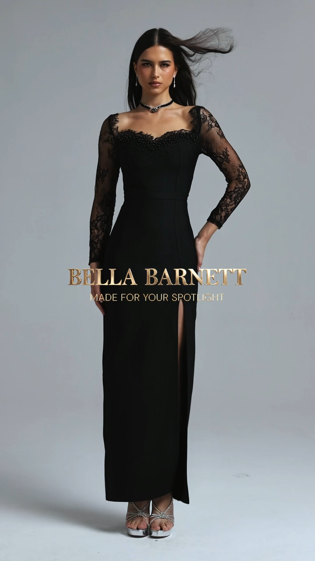 Ienee Glamorous Long Sleeve Beaded Lace Slit Bandage Maxi Dress