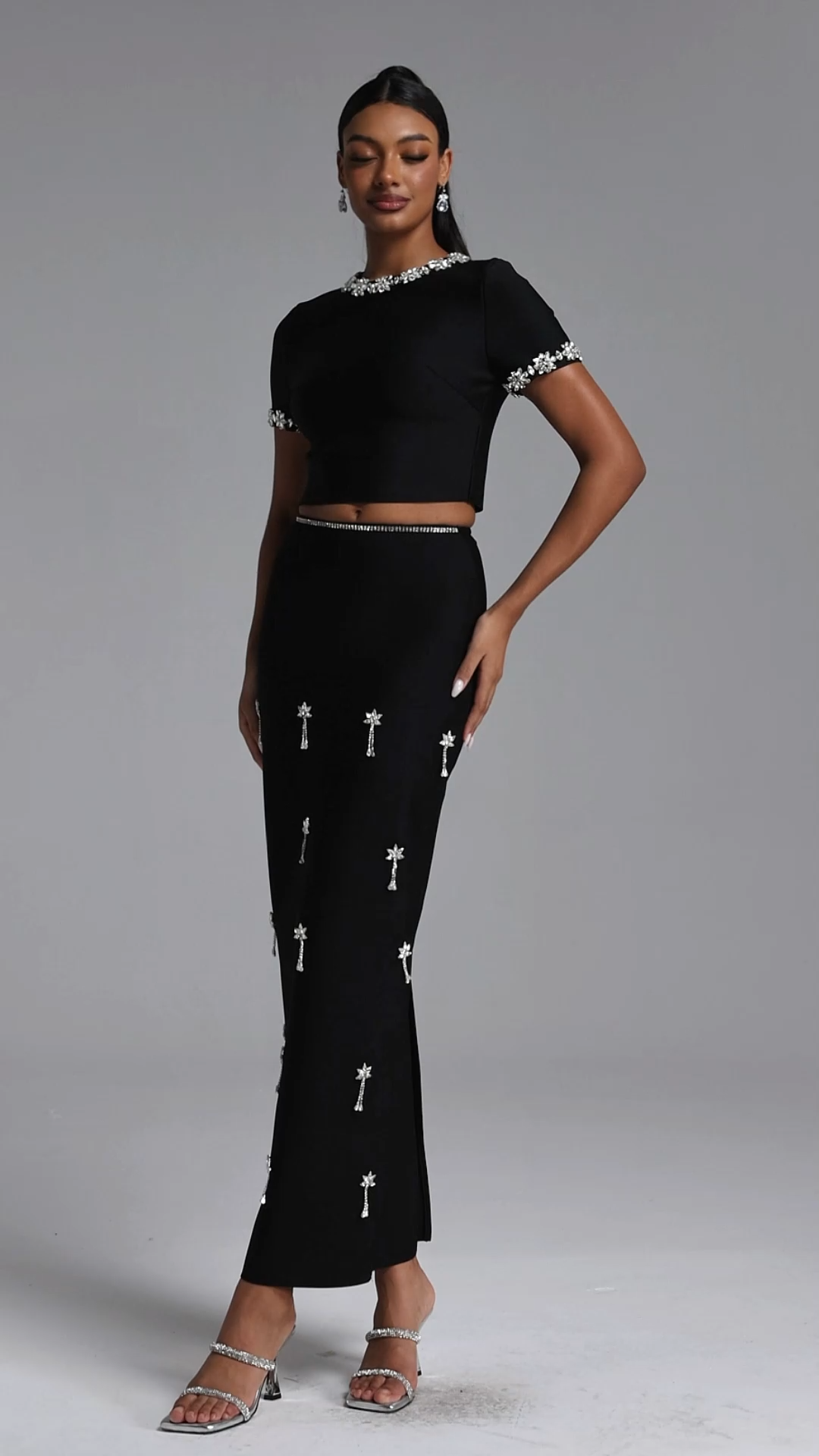 Lula Classic Contour Short Sleeve Rhinestone Bandage Maxi Dress