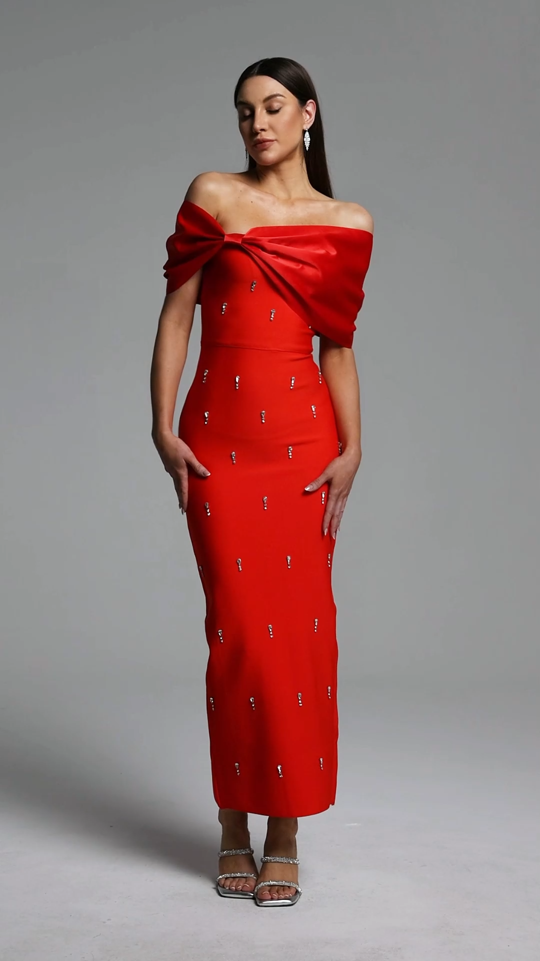 Palez Sleeveless One Shoulder Diamond Bow Bandage Maxi Dress