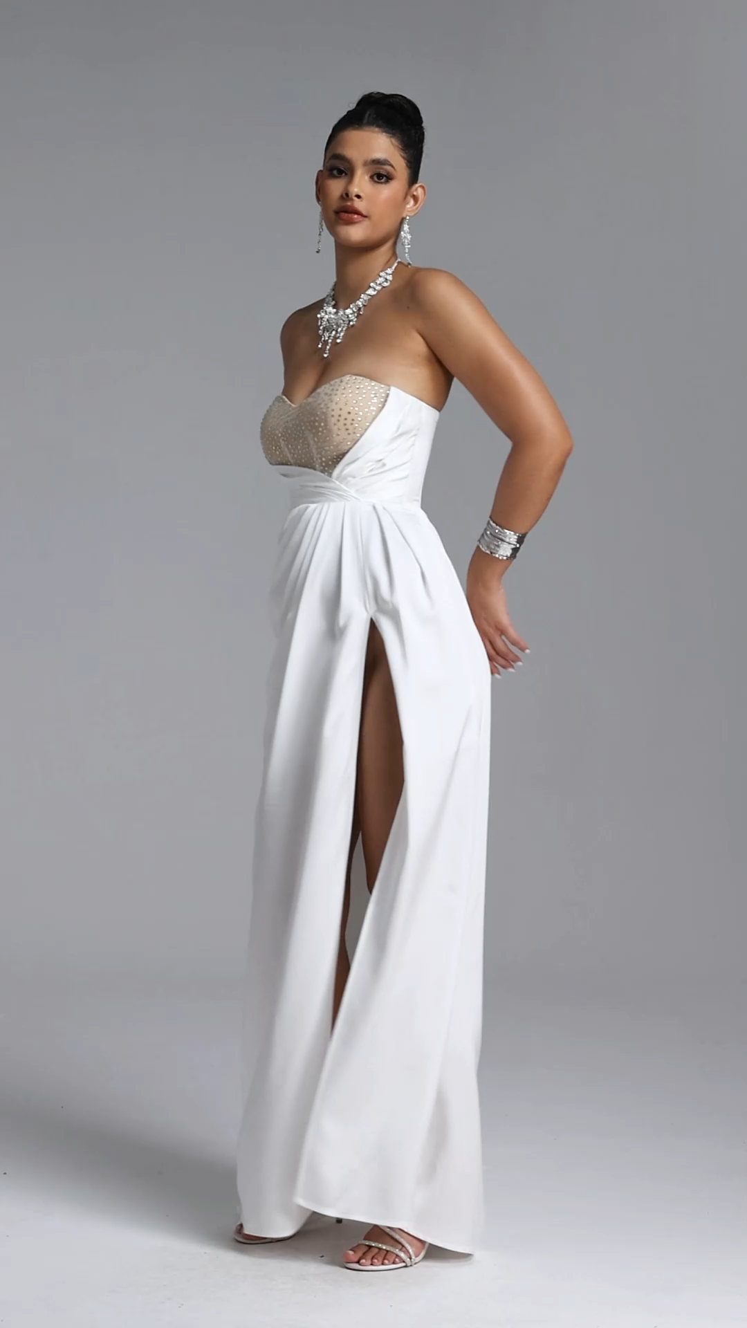 Kapol Elegant Tailored Strapless Pleated Crystal Maxi Dress