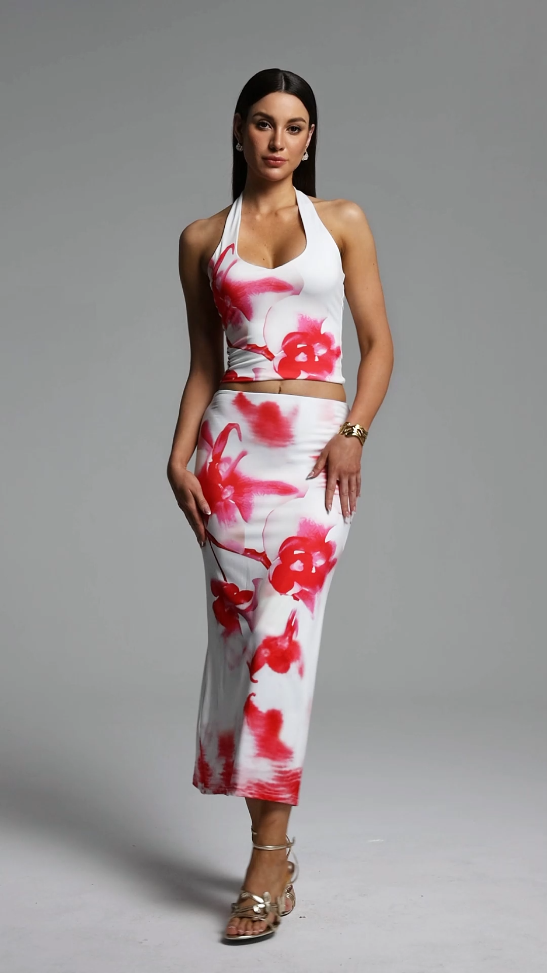 Gerasa Chic Contour Halter Floral Print Top and Skirt Set